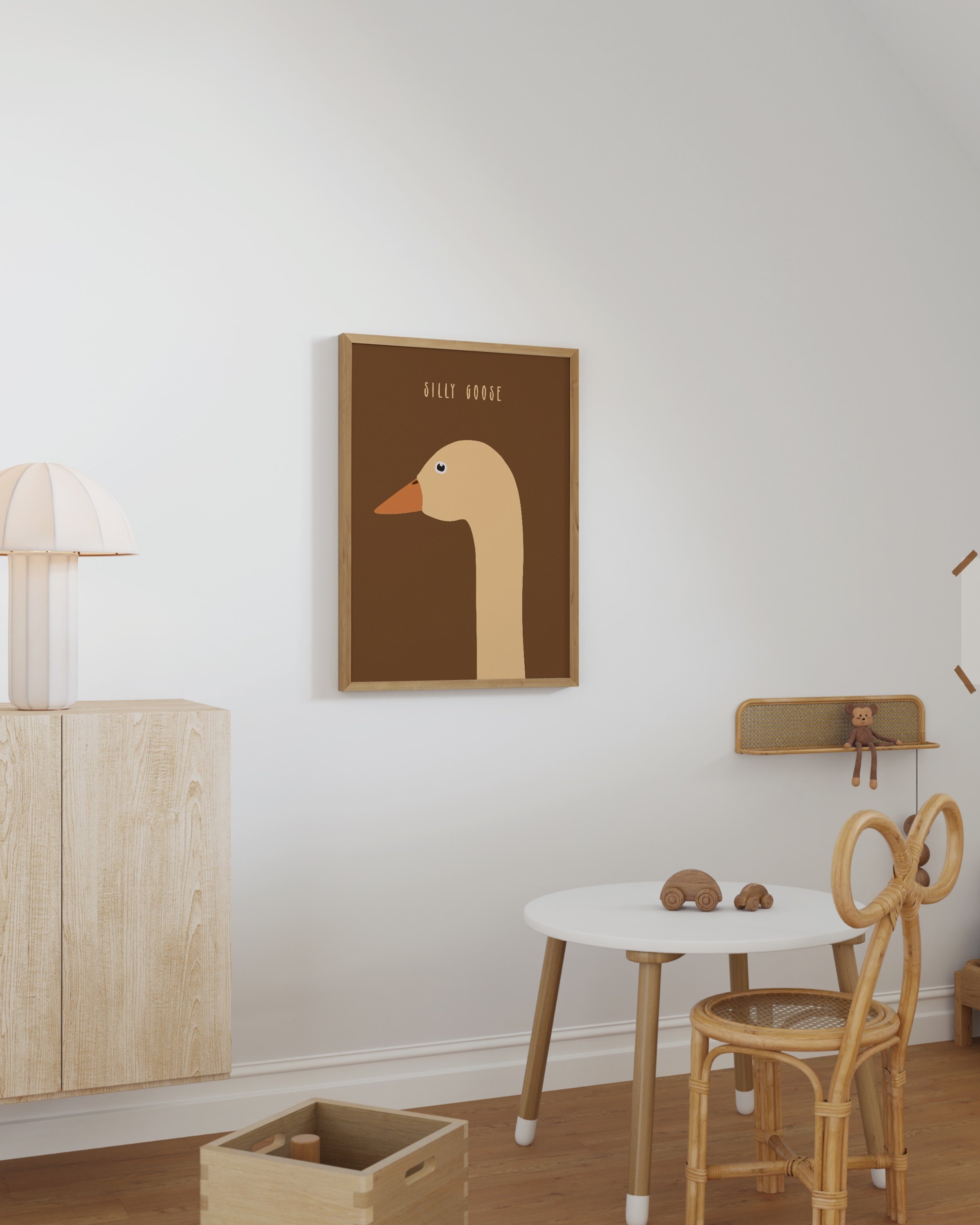 Minimalist art print of a goose with an orange beak and the text “Silly Goose” in a warm brown background, designed for kids’ rooms or playful spaces.