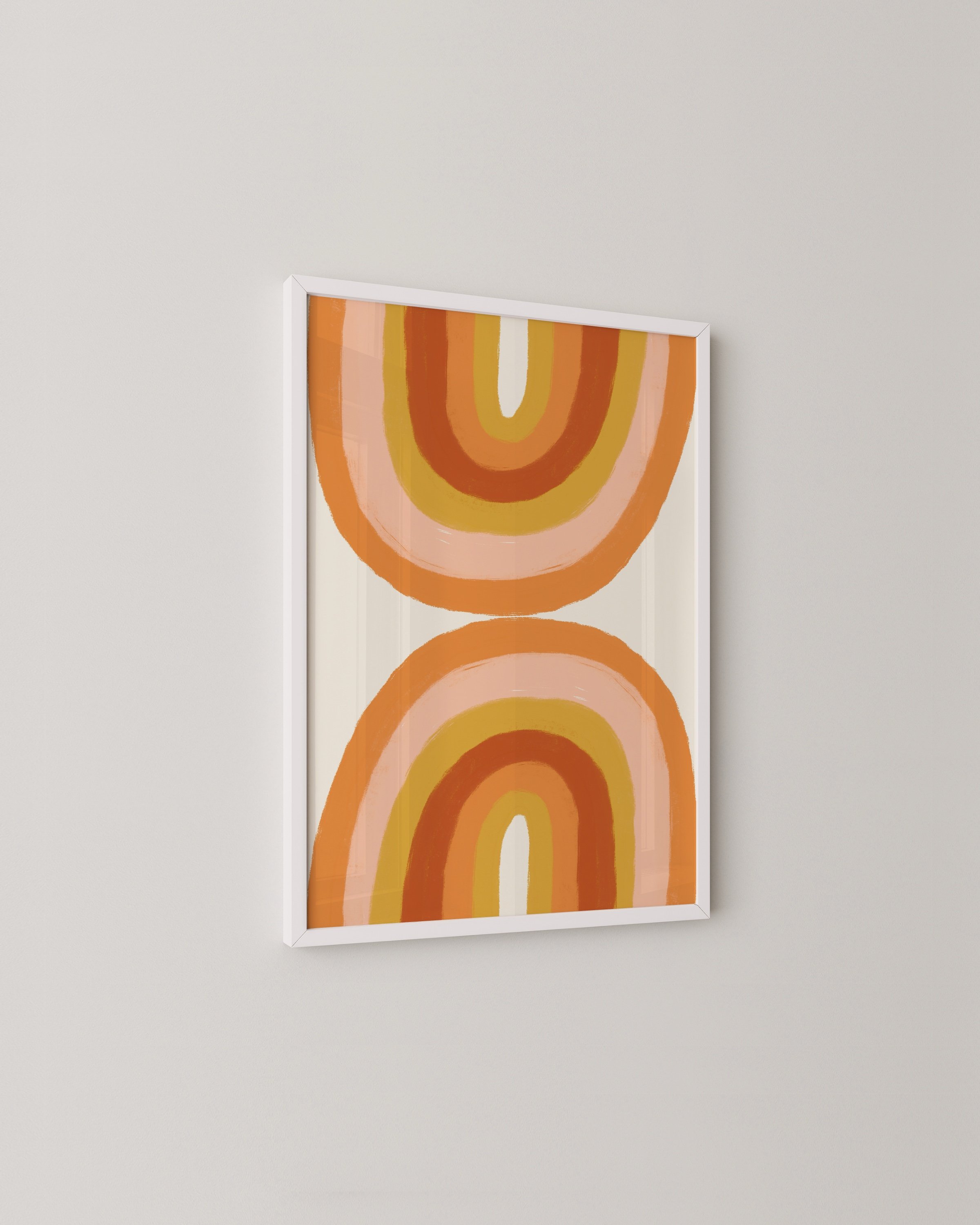 Geometric rainbow art print in warm tones of orange, yellow, and peach, featuring abstract arcs in a retro-inspired design.