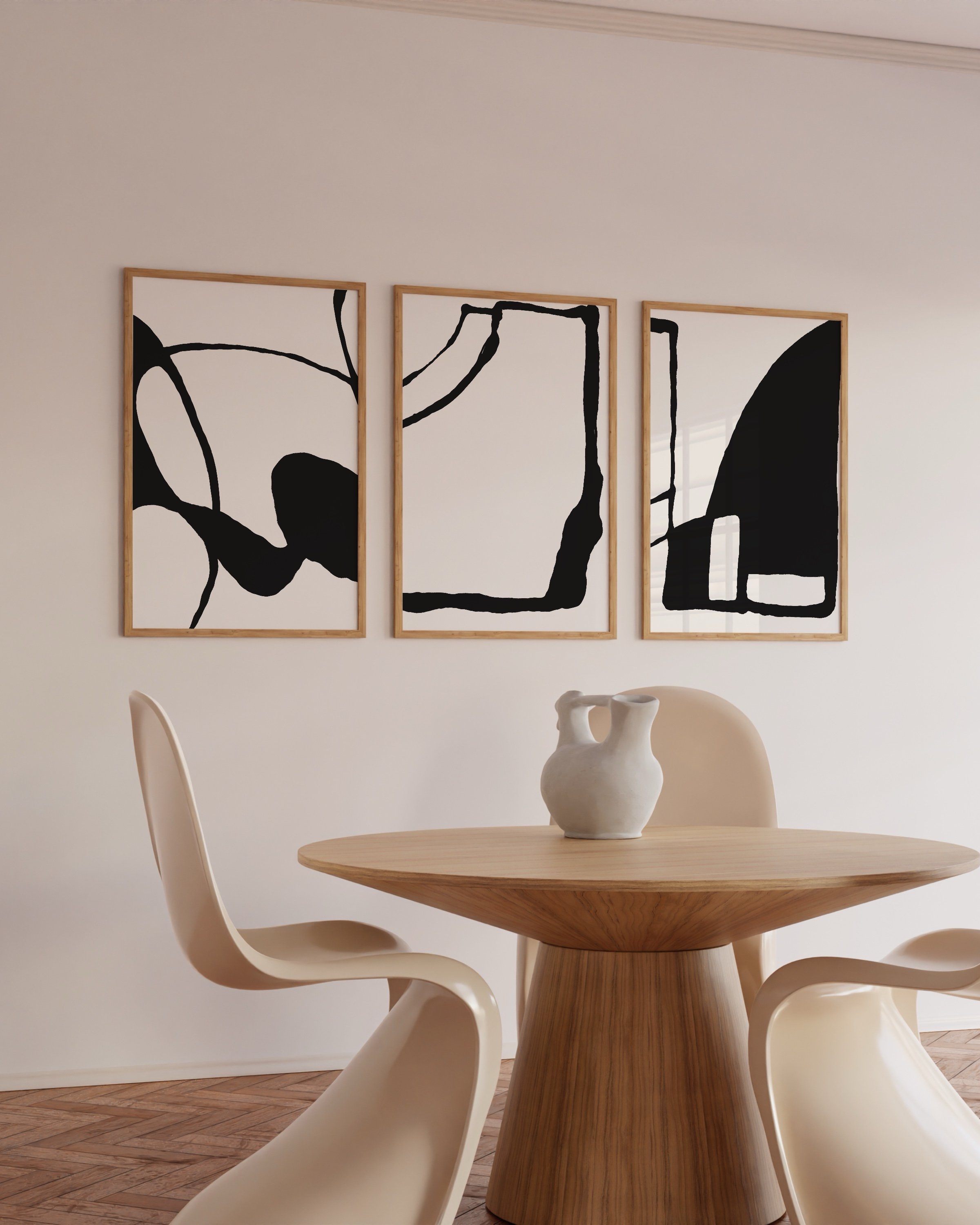 modern black and white abstract set of 3, scandinavian style wall art.