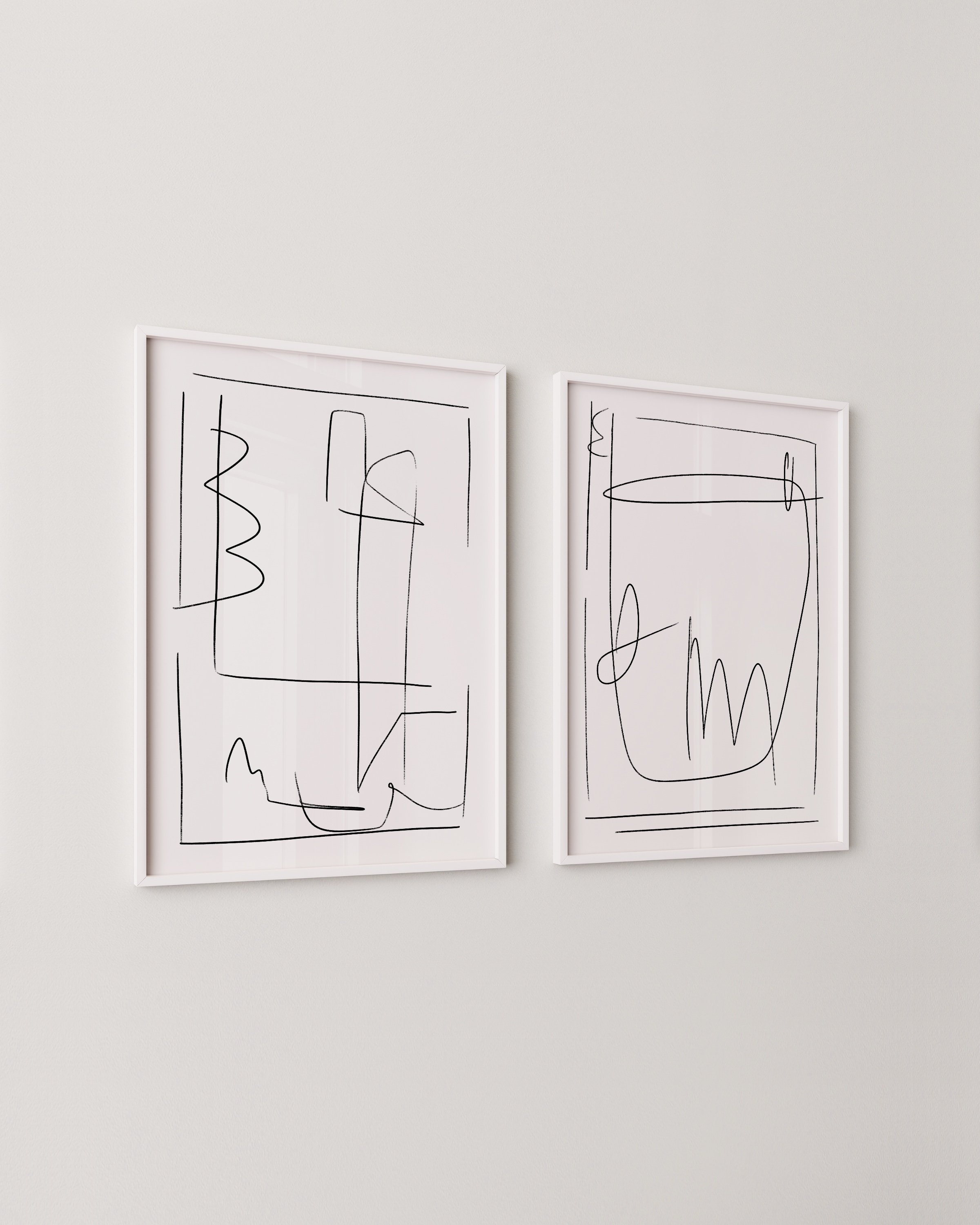 Set of two minimalist line drawing art prints featuring abstract black lines on a white background, perfect for modern and minimalist decor.