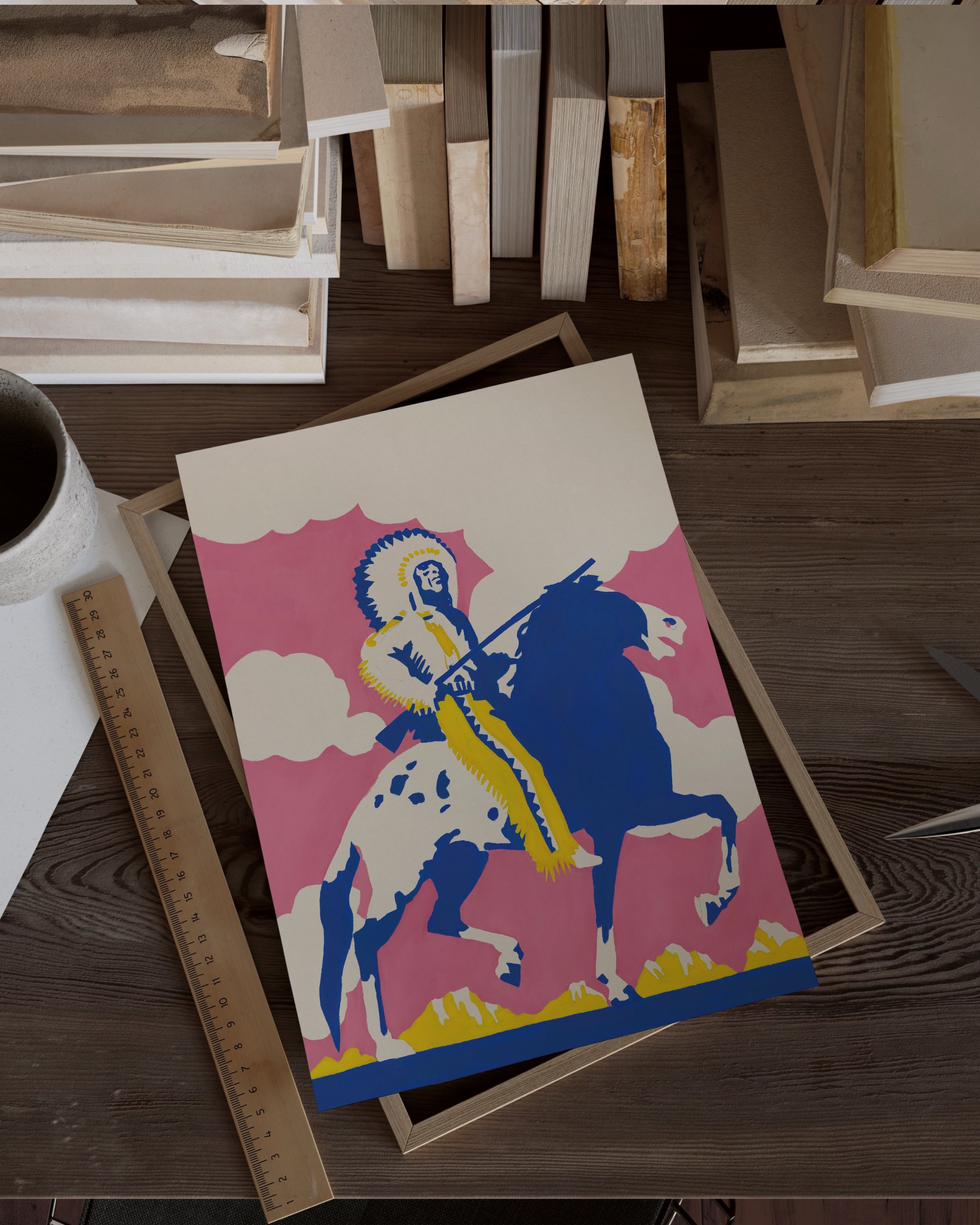 Framed print with a vibrant illustration of a rider on a horse, using bold blue, yellow, and pink tones in a modern pop art style.