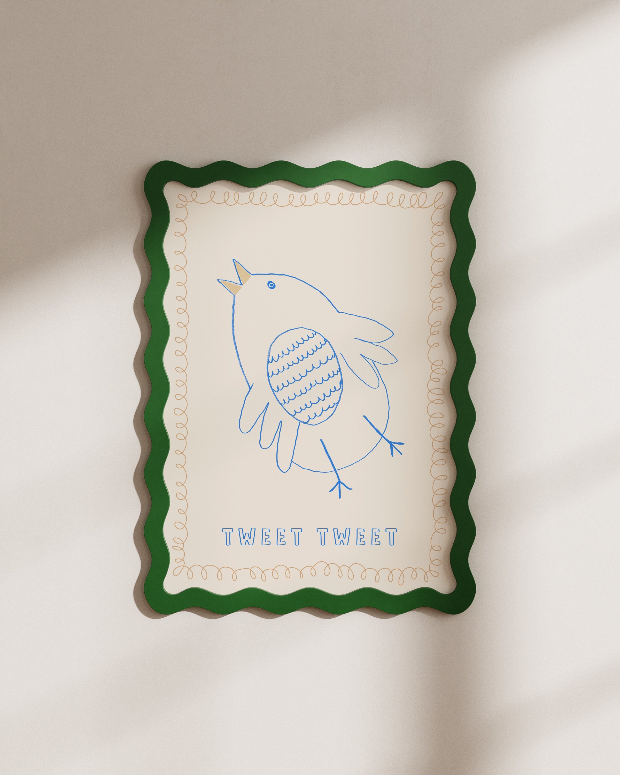 whimsical blue bird with a playful squiggly border, featuring the text ‘Tweet Tweet’ on a neutral background.