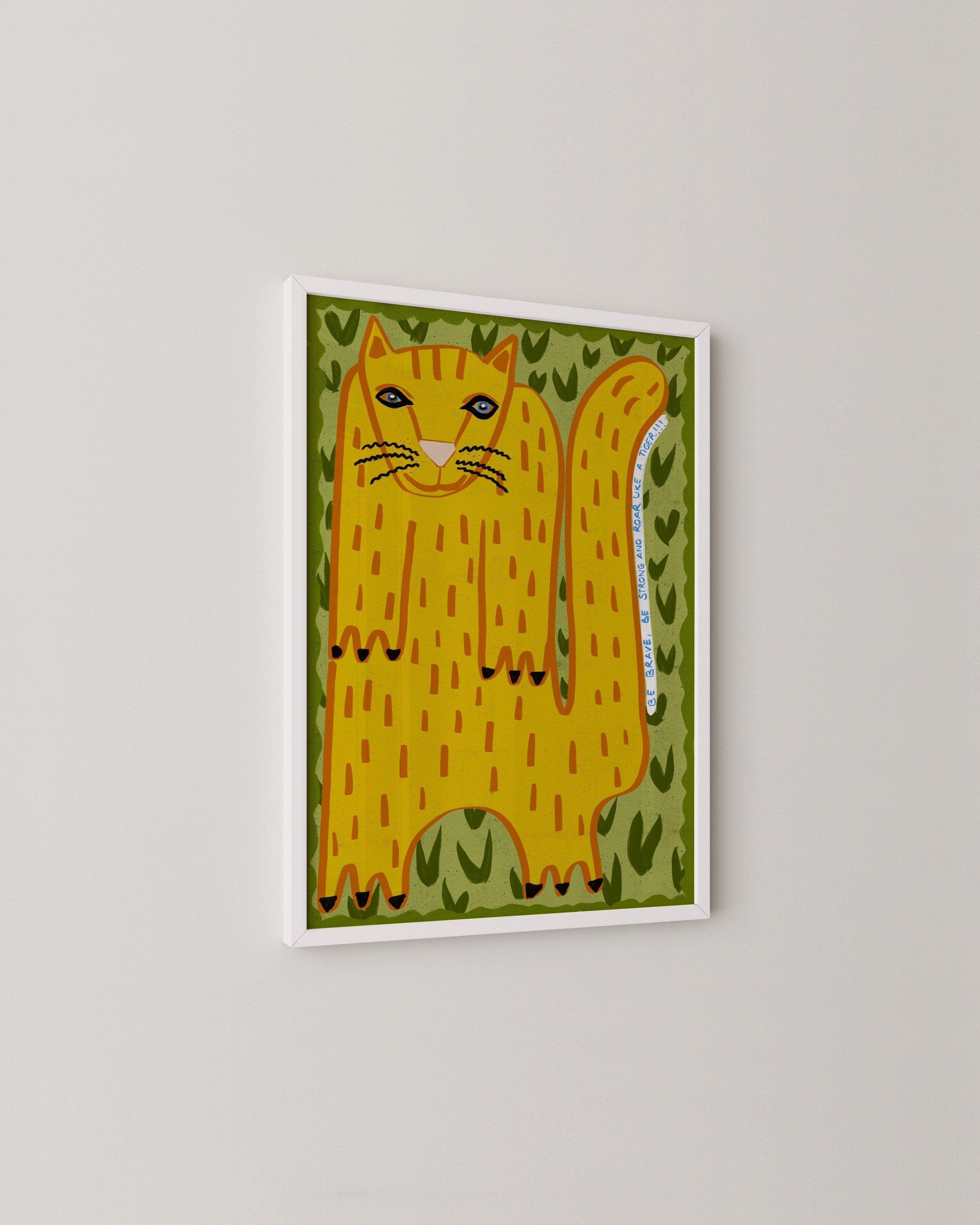 tiger-inspired cat illustration in bold yellow and green tones with whimsical patterns and playful details.