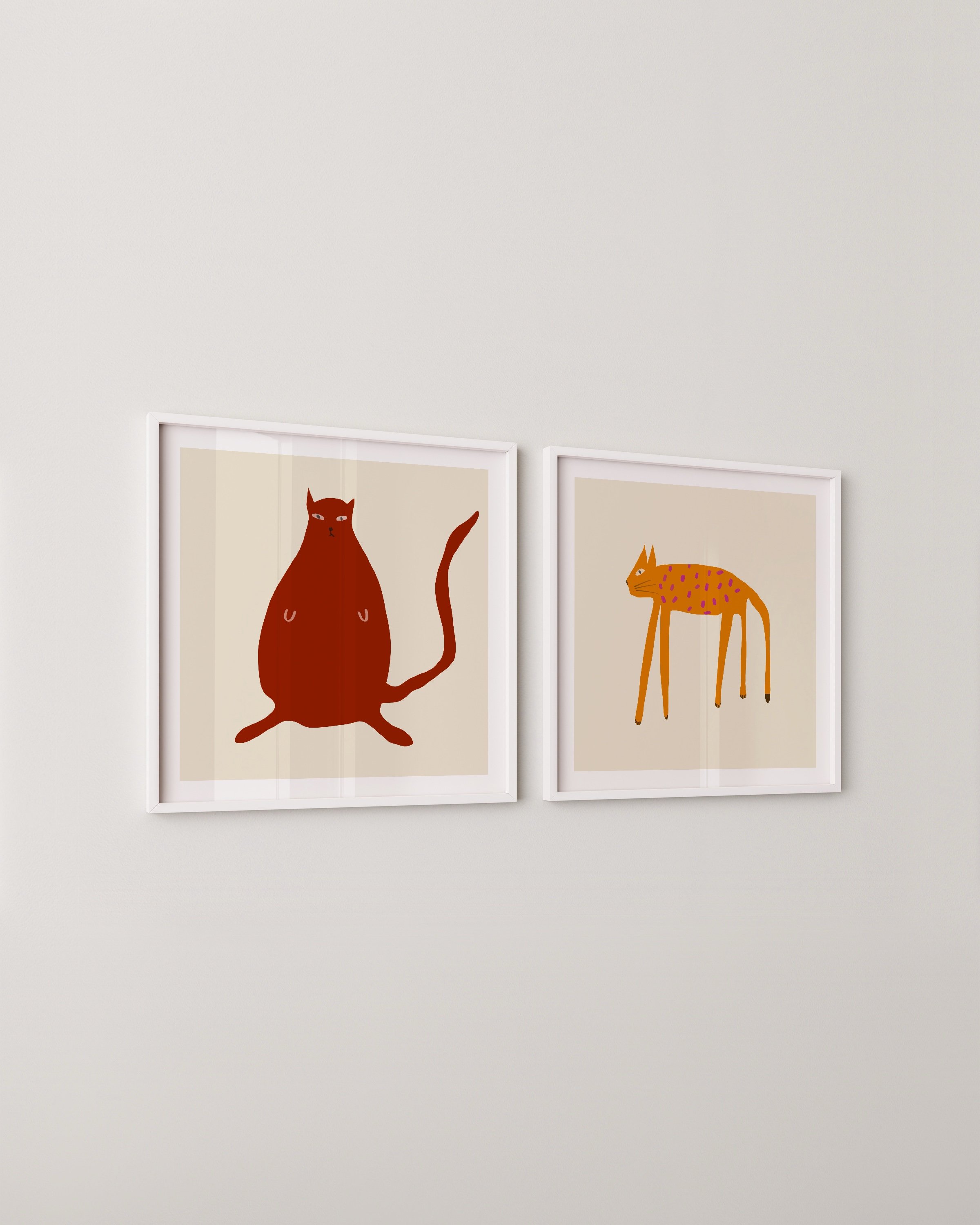 Set of two modern cat illustrations, one features a red sitting cat with attitude, the other shows a lean orange cat with pink spots on a beige background.
