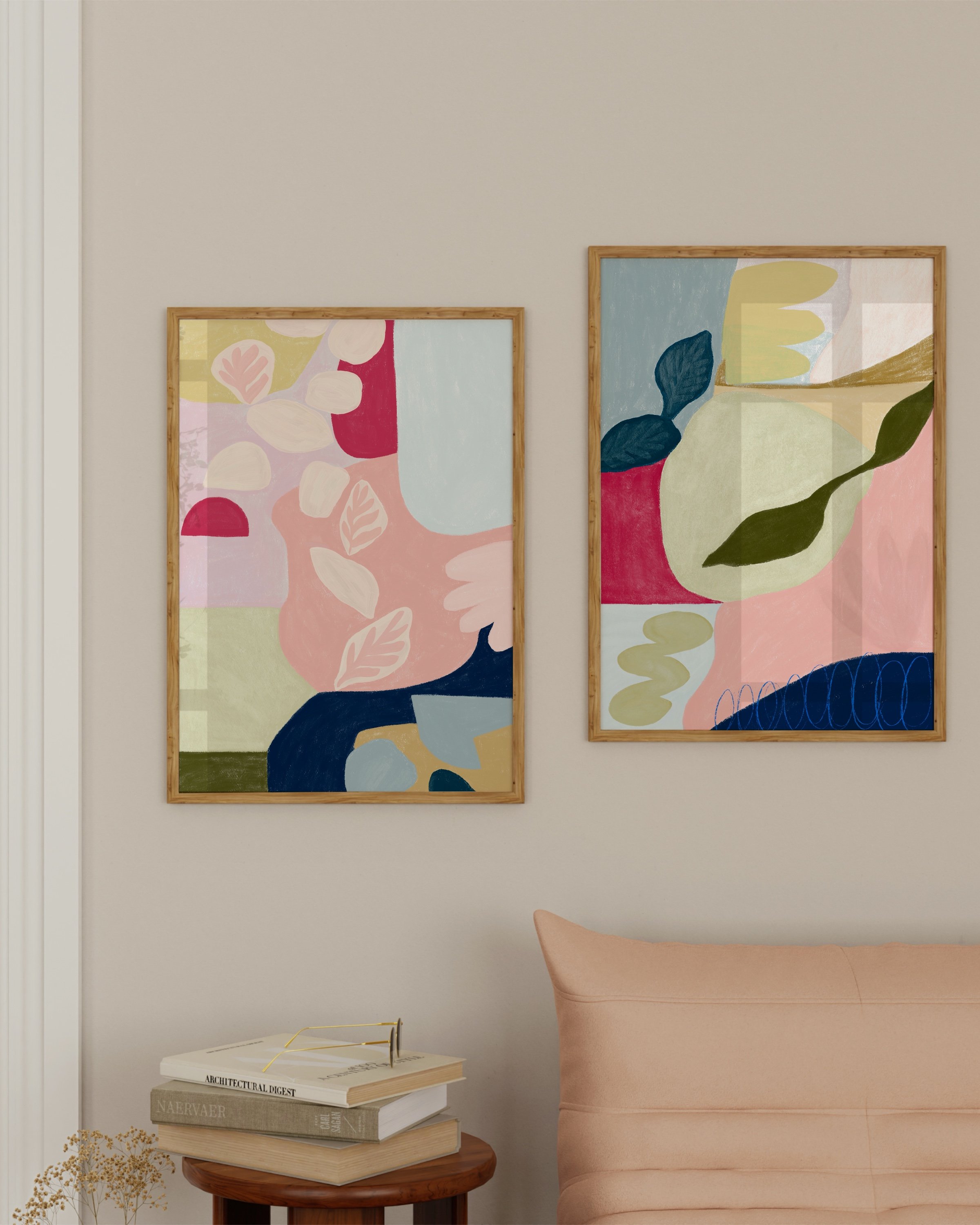 Set of two colorful abstract art prints featuring modern botanical designs, perfect for adding a vibrant touch to contemporary home decor.
