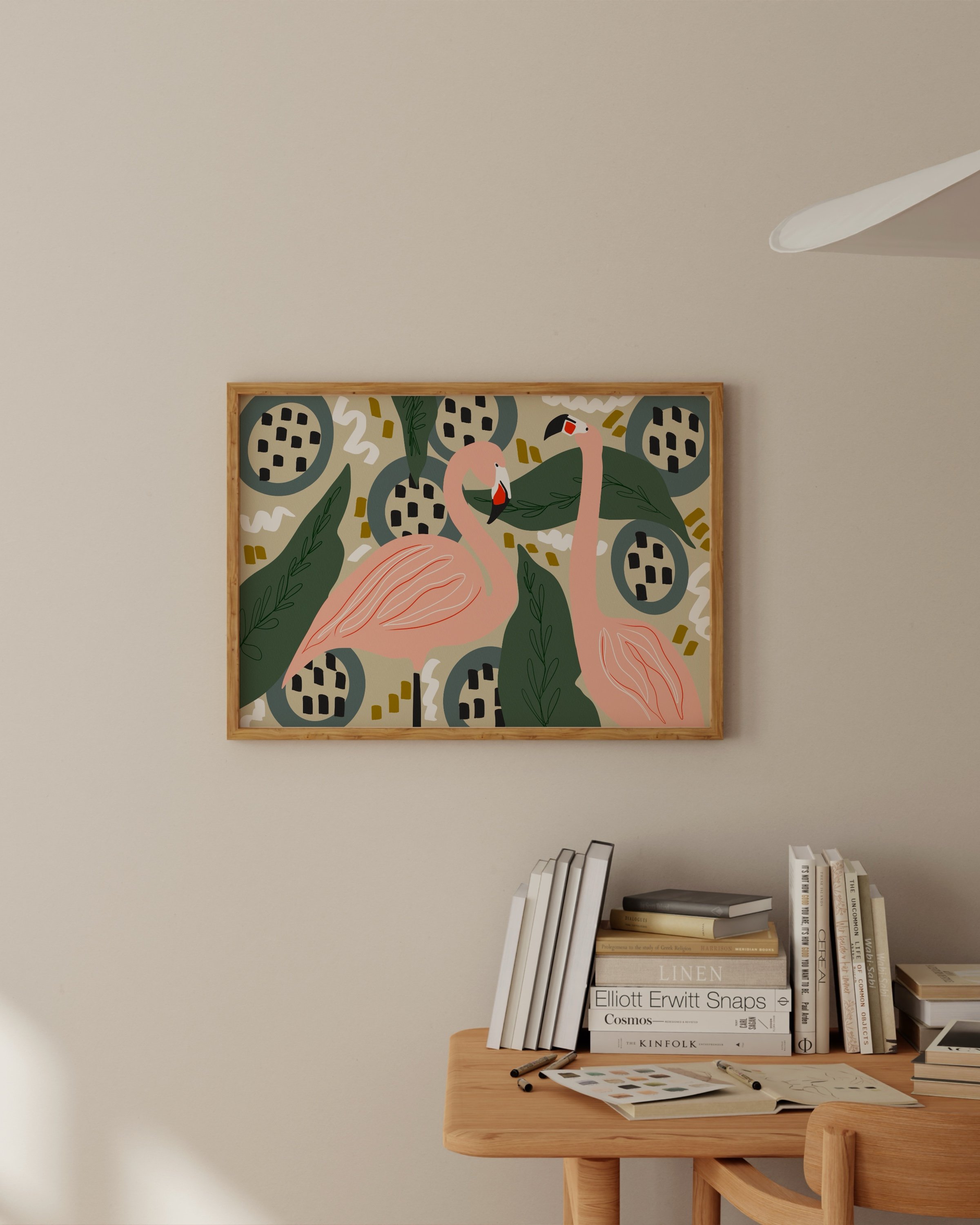 Playful flamingo art print featuring two pink flamingos surrounded by jungle foliage and abstract patterns in a vibrant, tropical palette.