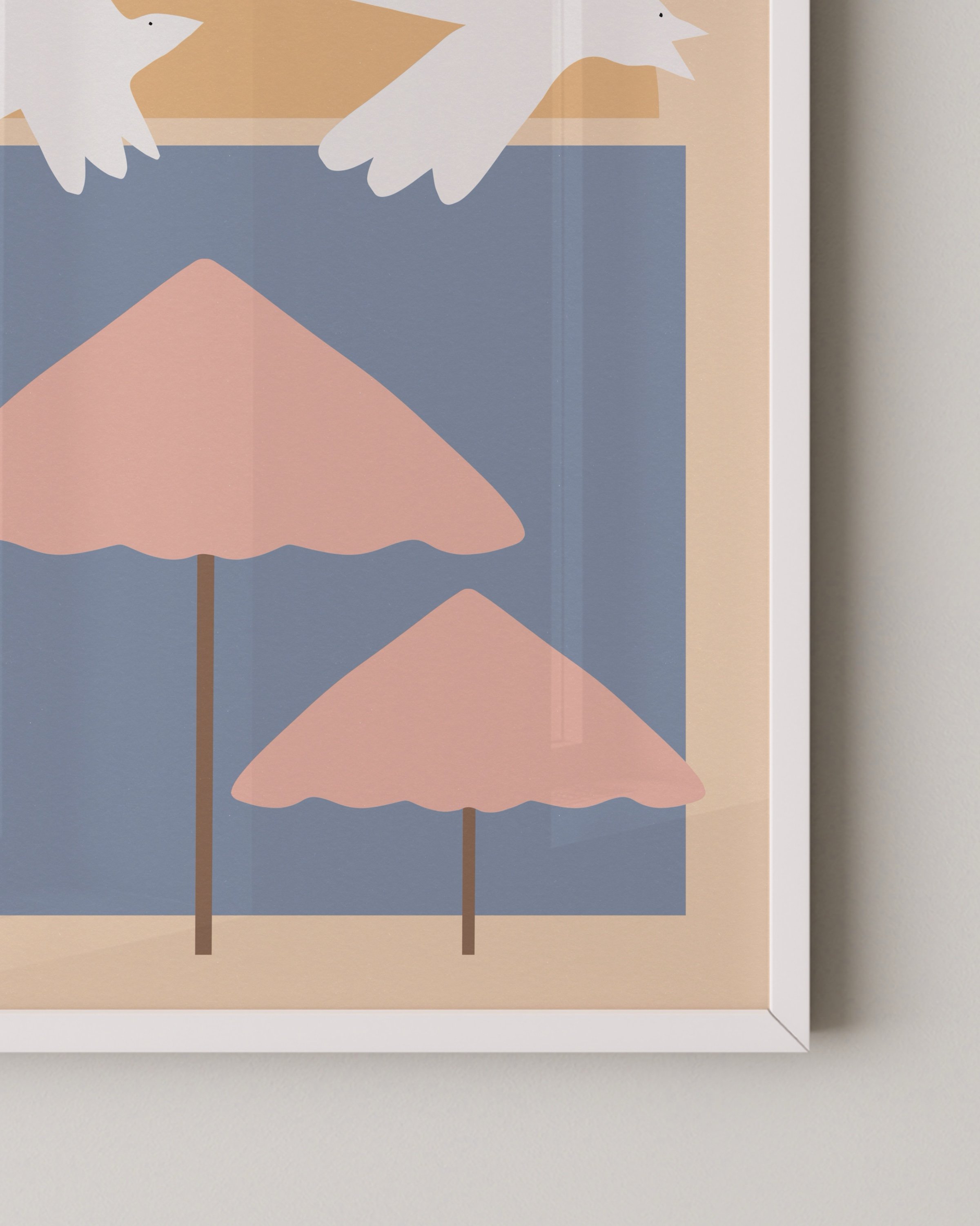 Printable wall art featuring a minimalist illustration of pink beach umbrellas and white seagulls against a soft blue and peach background.