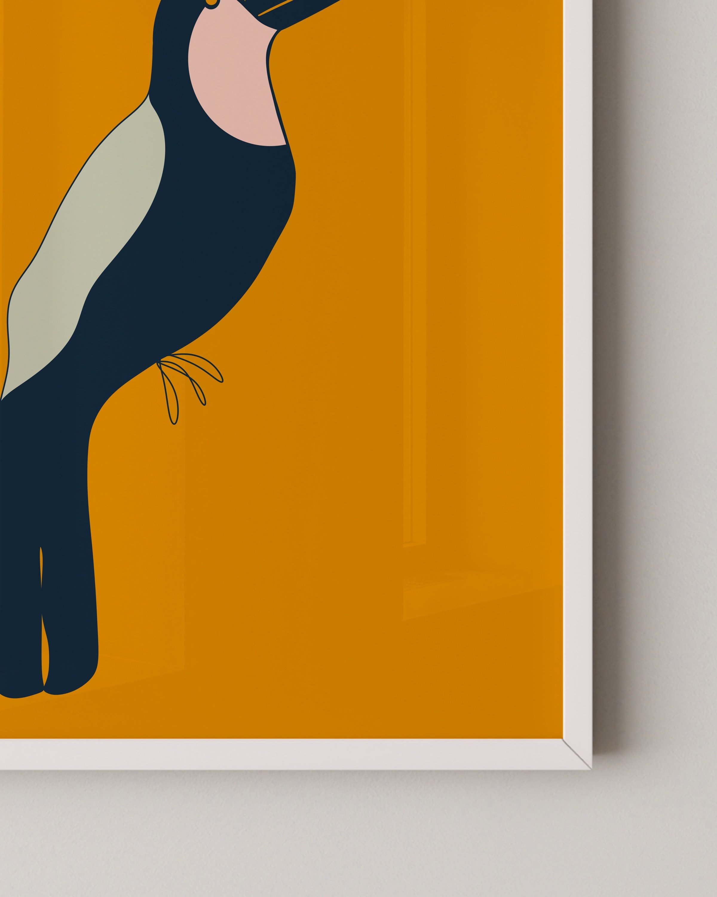 Bold toucan art print with a striking navy and pink toucan against a vibrant orange background, perfect for tropical or kids’ room decor.