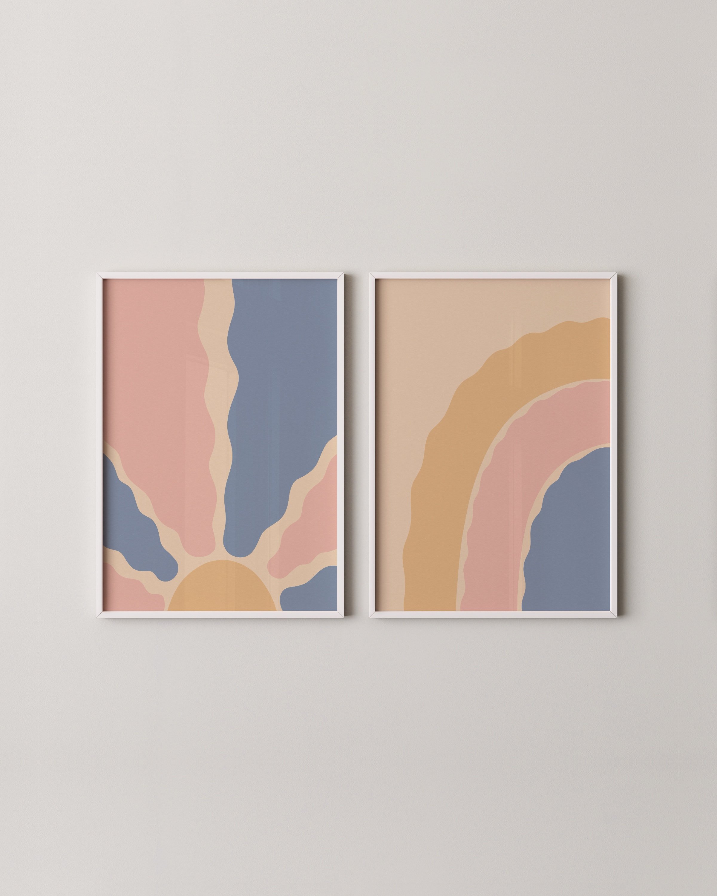 Two abstract boho printable wall art pieces: one featuring a sunburst with wavy rays, and the other a pastel rainbow in pink, blue, and beige tones.