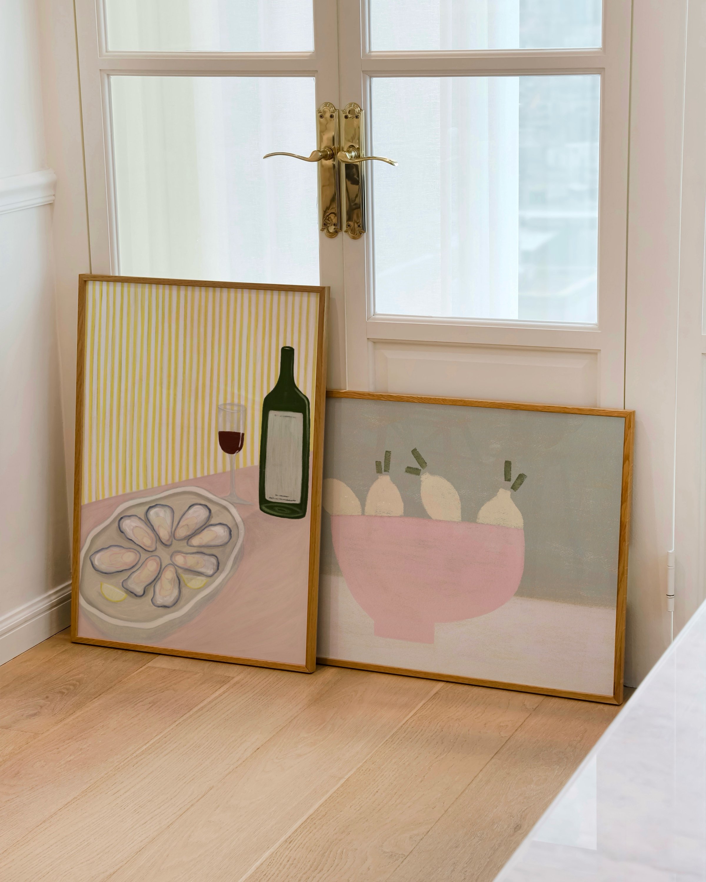 Set of two modern food art prints – an abstract lemon bowl and a wine and oysters poster, ideal for kitchen decor.