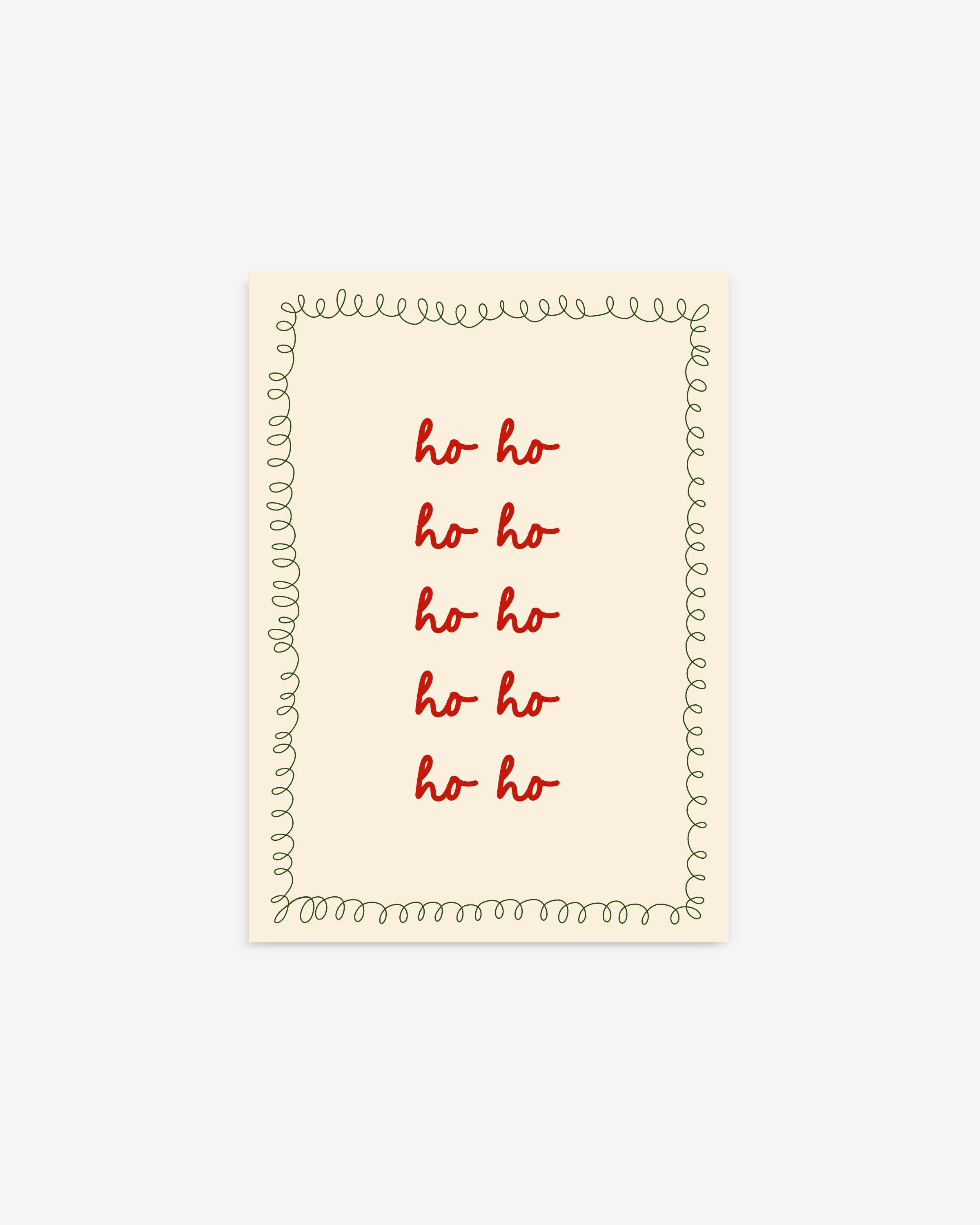 Christmas printable art with repeated red ‘Ho Ho Ho’ text in a handwritten style, framed by a green squiggle border on a beige background.