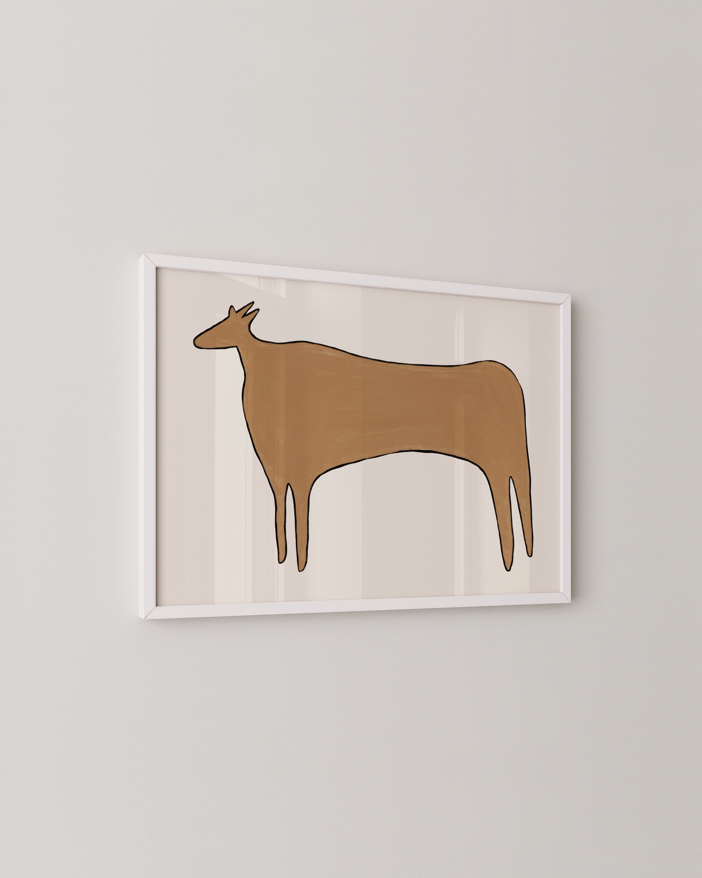 Minimalist illustration of a cow in warm, earthy tones, perfect for decorating a kids’ room or nursery.