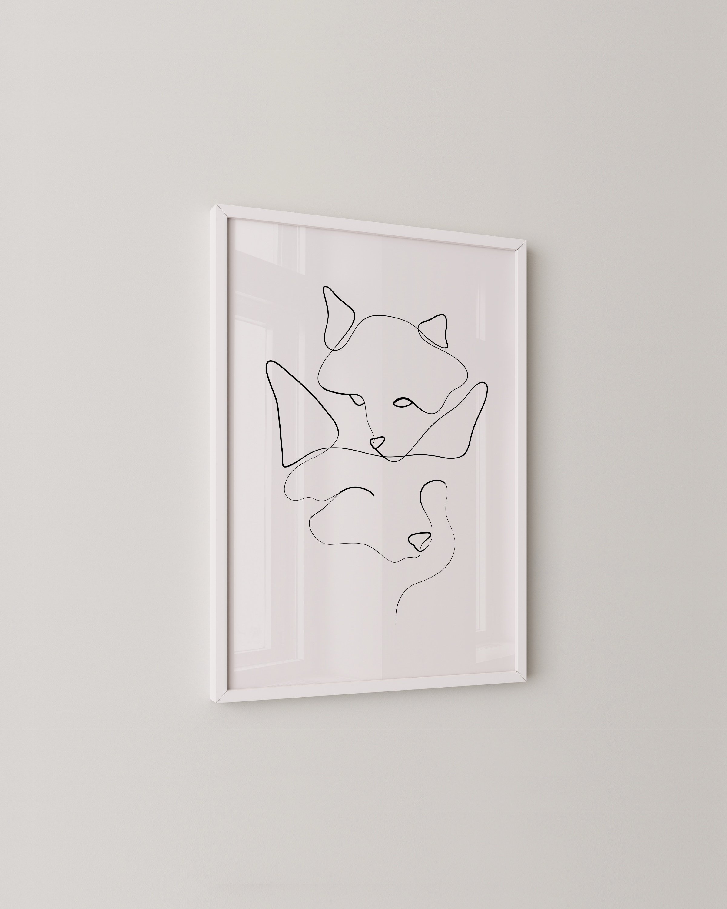Minimalist line art print of a fox in continuous line style, adding an elegant, modern touch to the decor.