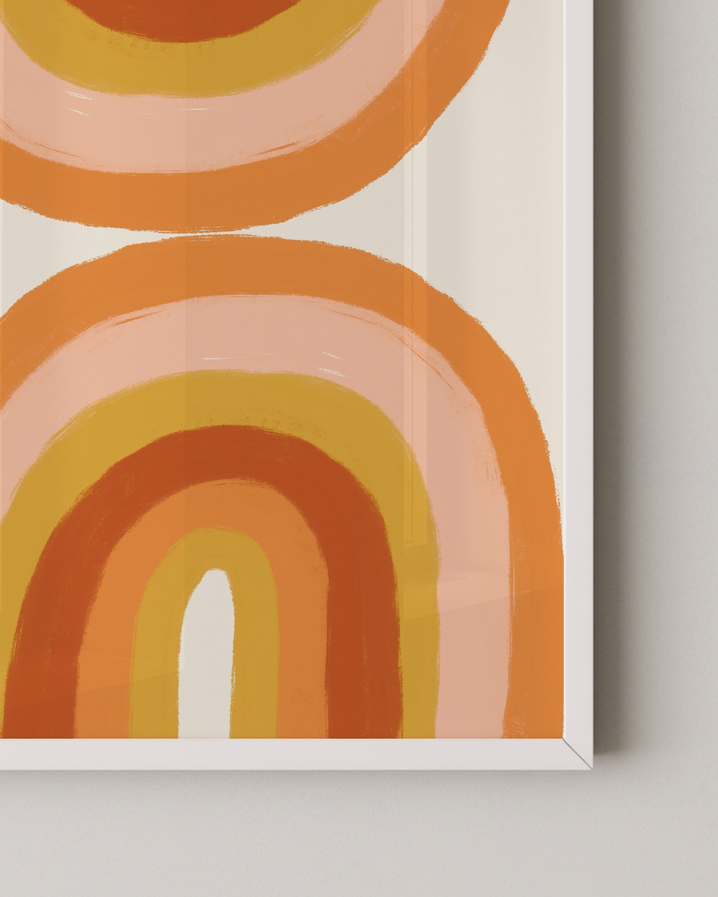 Geometric rainbow art print in warm tones of orange, yellow, and peach, featuring abstract arcs in a retro-inspired design.