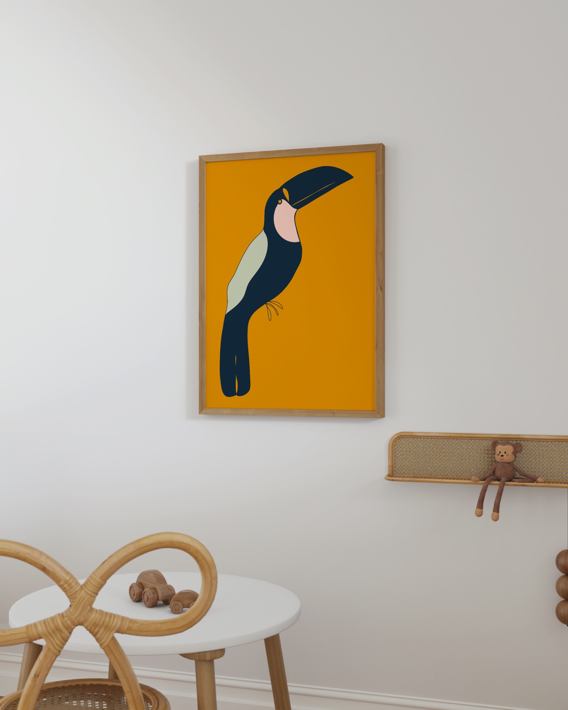Bold toucan art print with a striking navy and pink toucan against a vibrant orange background, perfect for tropical or kids’ room decor.