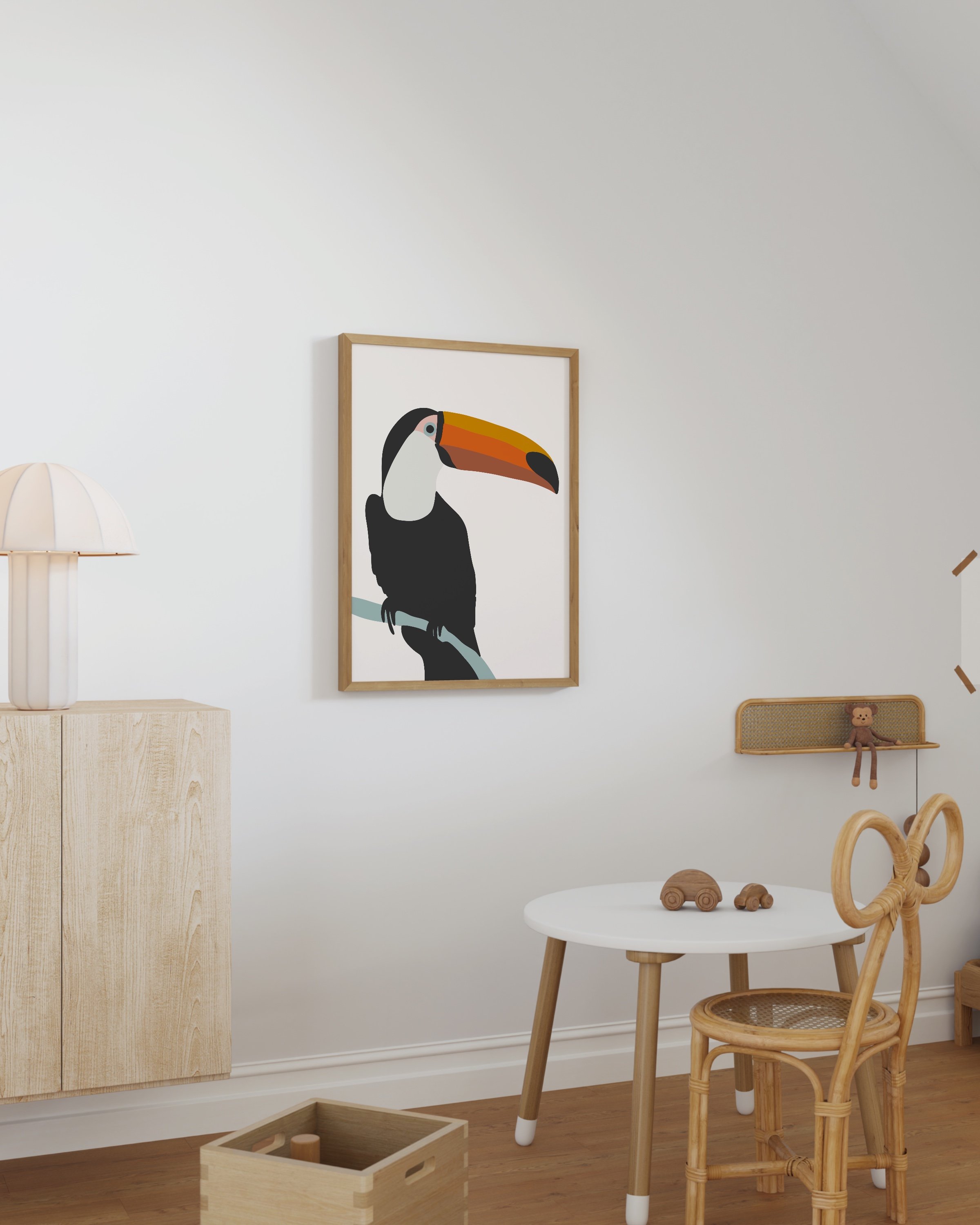 Playful illustration of a toucan with a bright orange and yellow beak, sitting on a branch against a soft background, perfect for kids’ decor.