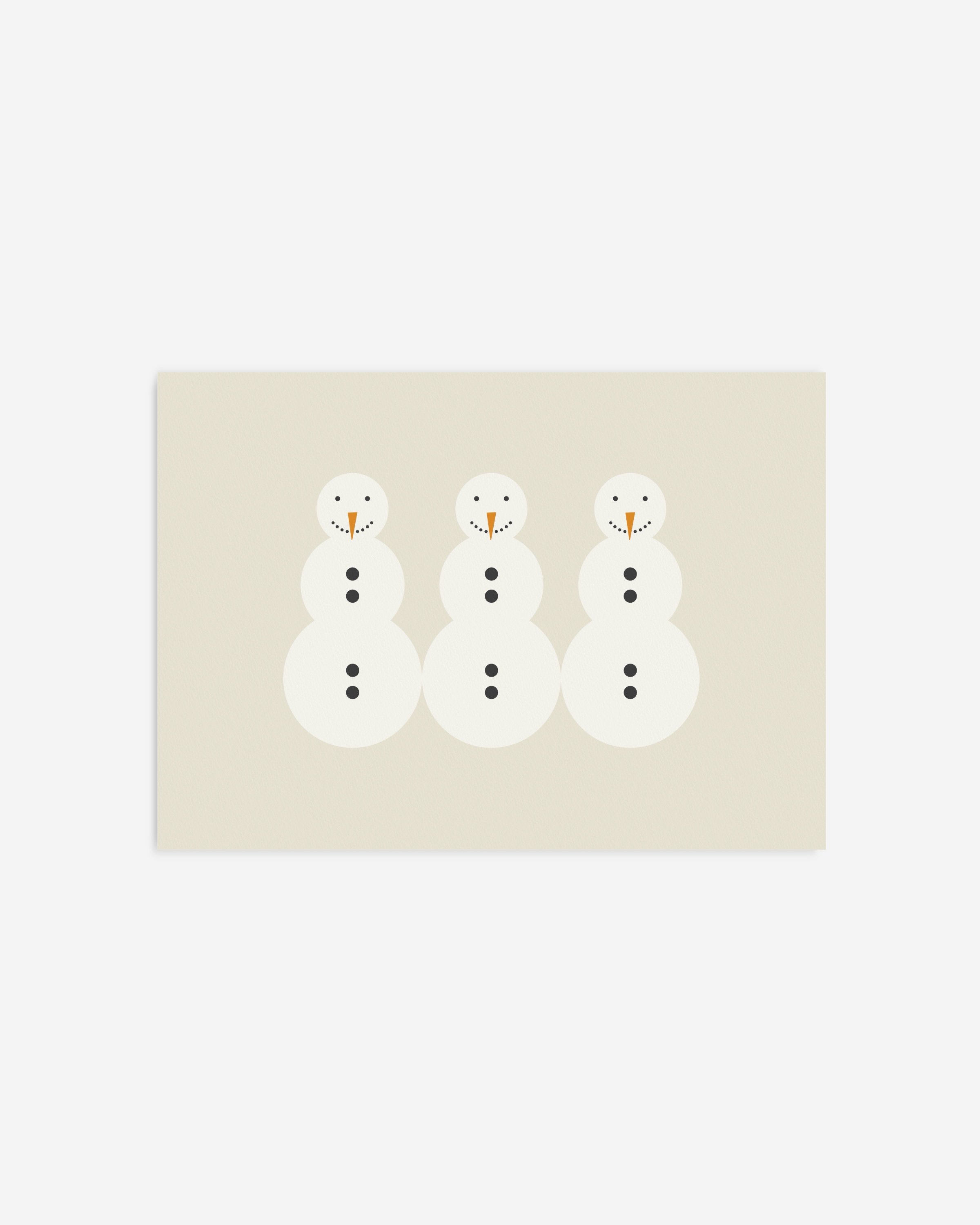 Minimalist snowman art print featuring three snowmen with carrot noses and button details on a beige background.