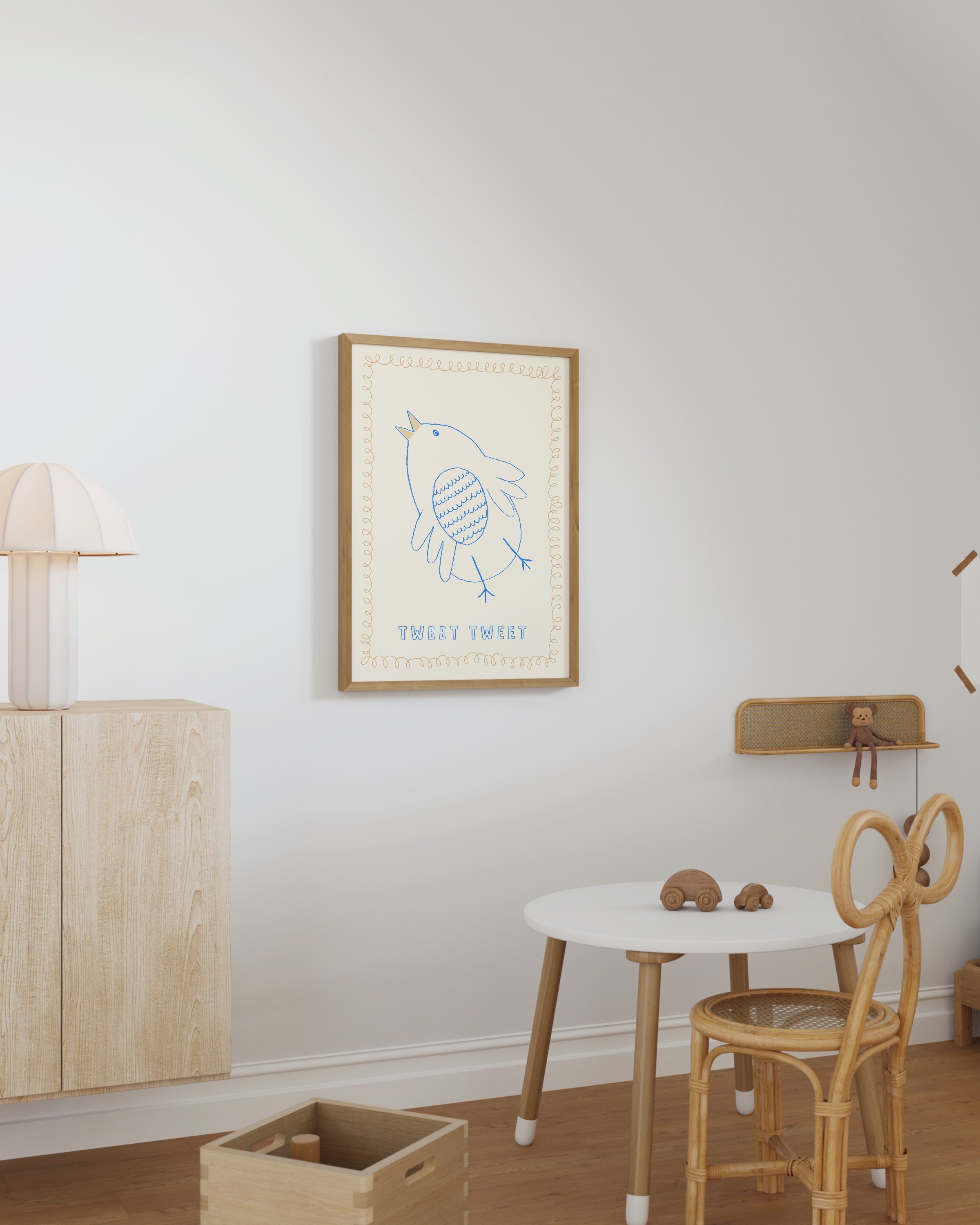 whimsical blue bird with a playful squiggly border, featuring the text ‘Tweet Tweet’ on a neutral background.