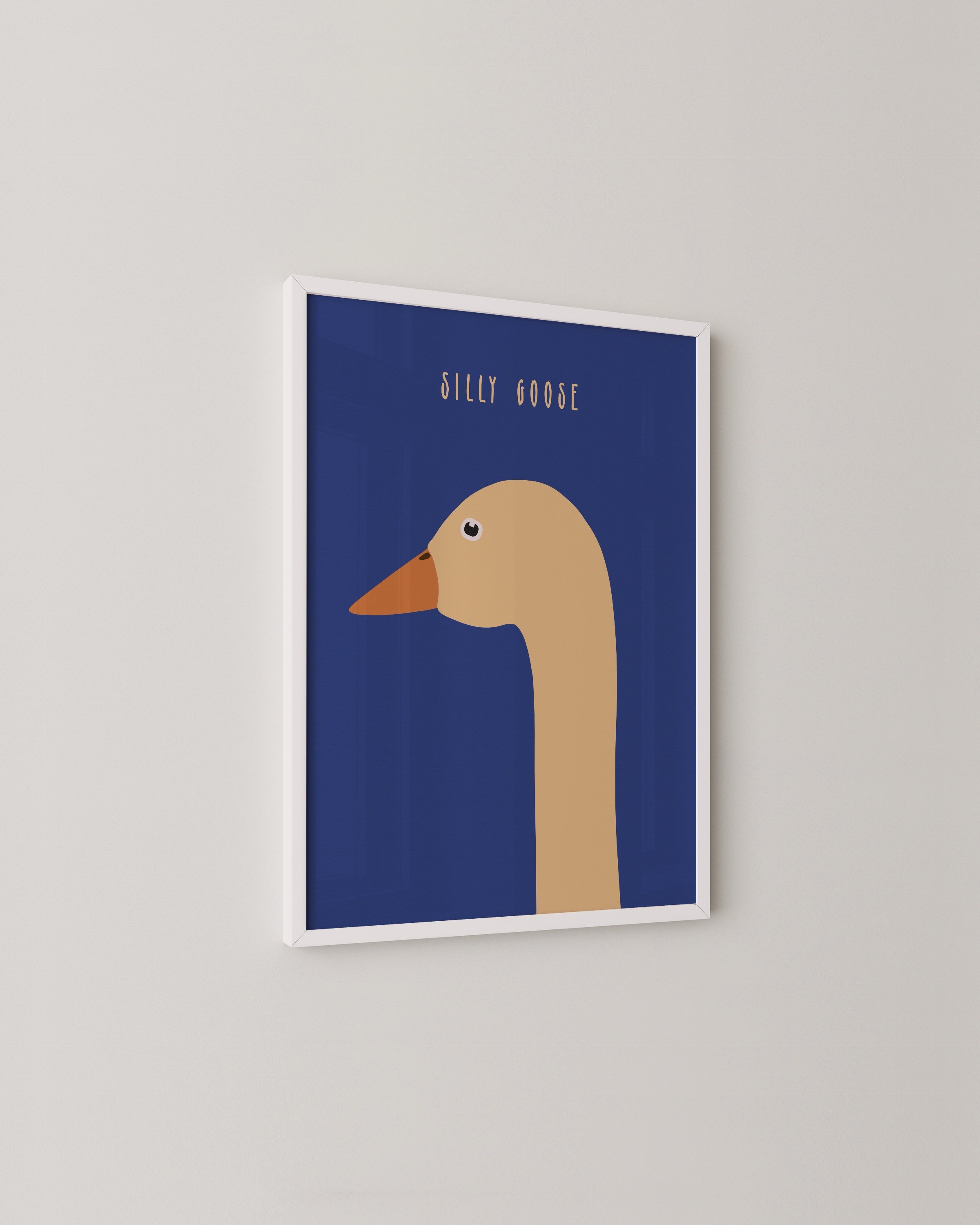 Printable wall art featuring a minimalist goose illustration on a bold blue background with the text ‘Silly Goose’ in an elegant font.