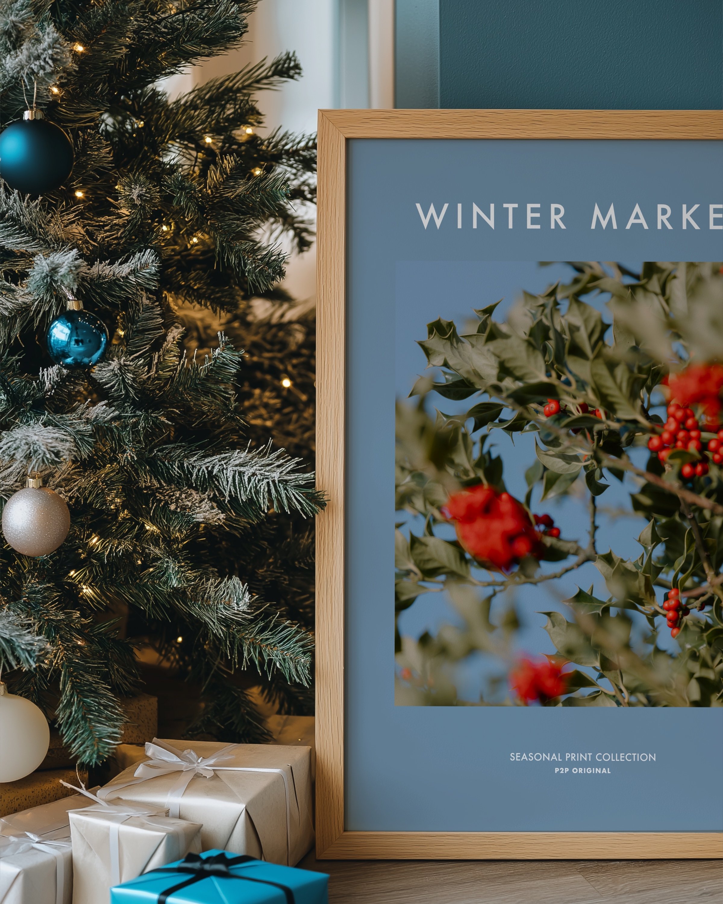 Winter Market seasonal printable wall art featuring a vibrant photo of holly berries with green leaves on a soft blue background.