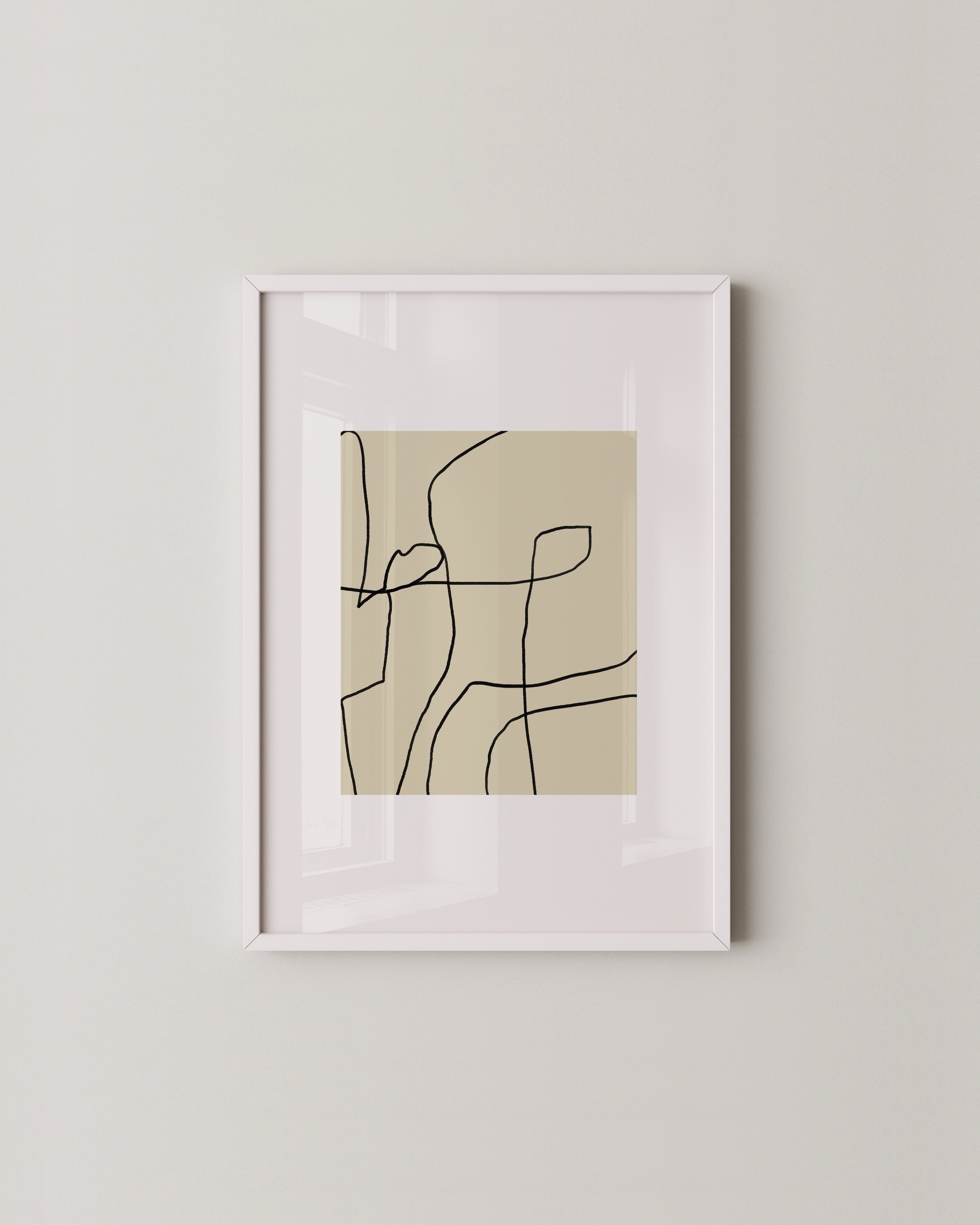 Set of two abstract line art prints in white frames, each featuring black continuous line designs over beige backgrounds with minimal, modern style.