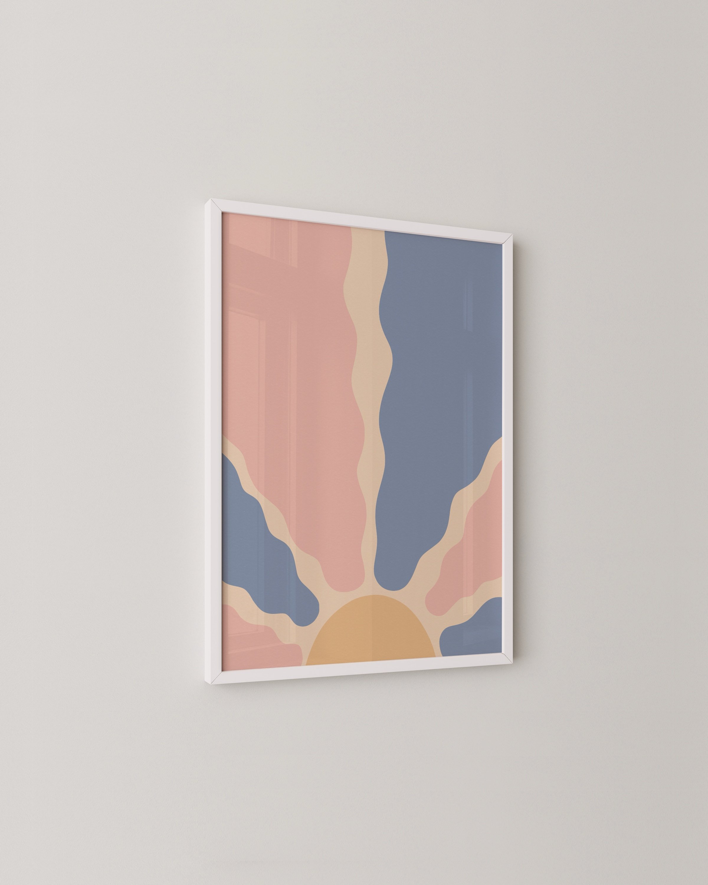 Abstract printable wall art featuring a pastel sunburst design with wavy rays in pink, blue, beige, and yellow.