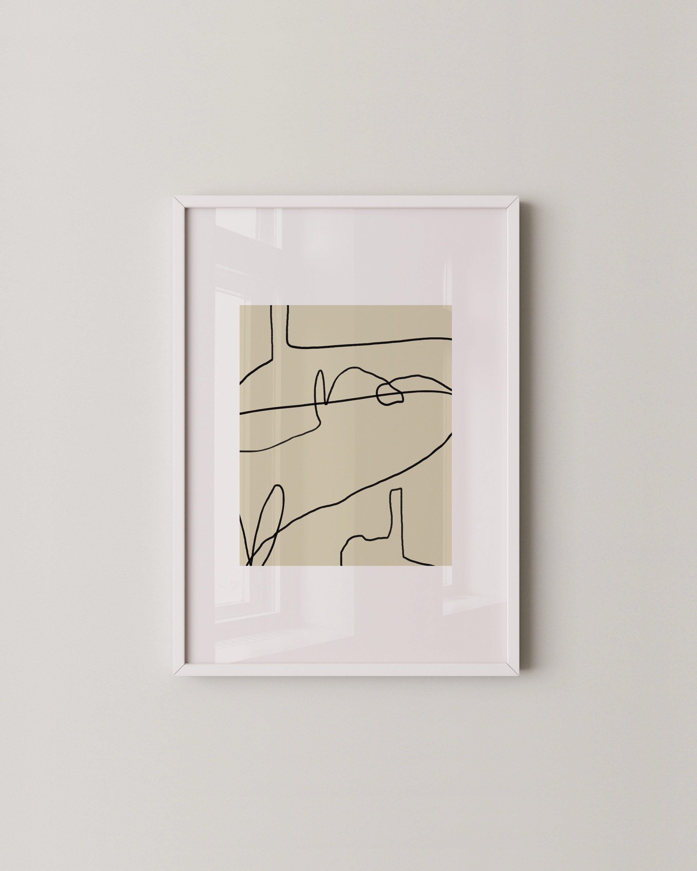 Set of two abstract line art prints in white frames, each featuring black continuous line designs over beige backgrounds with minimal, modern style.