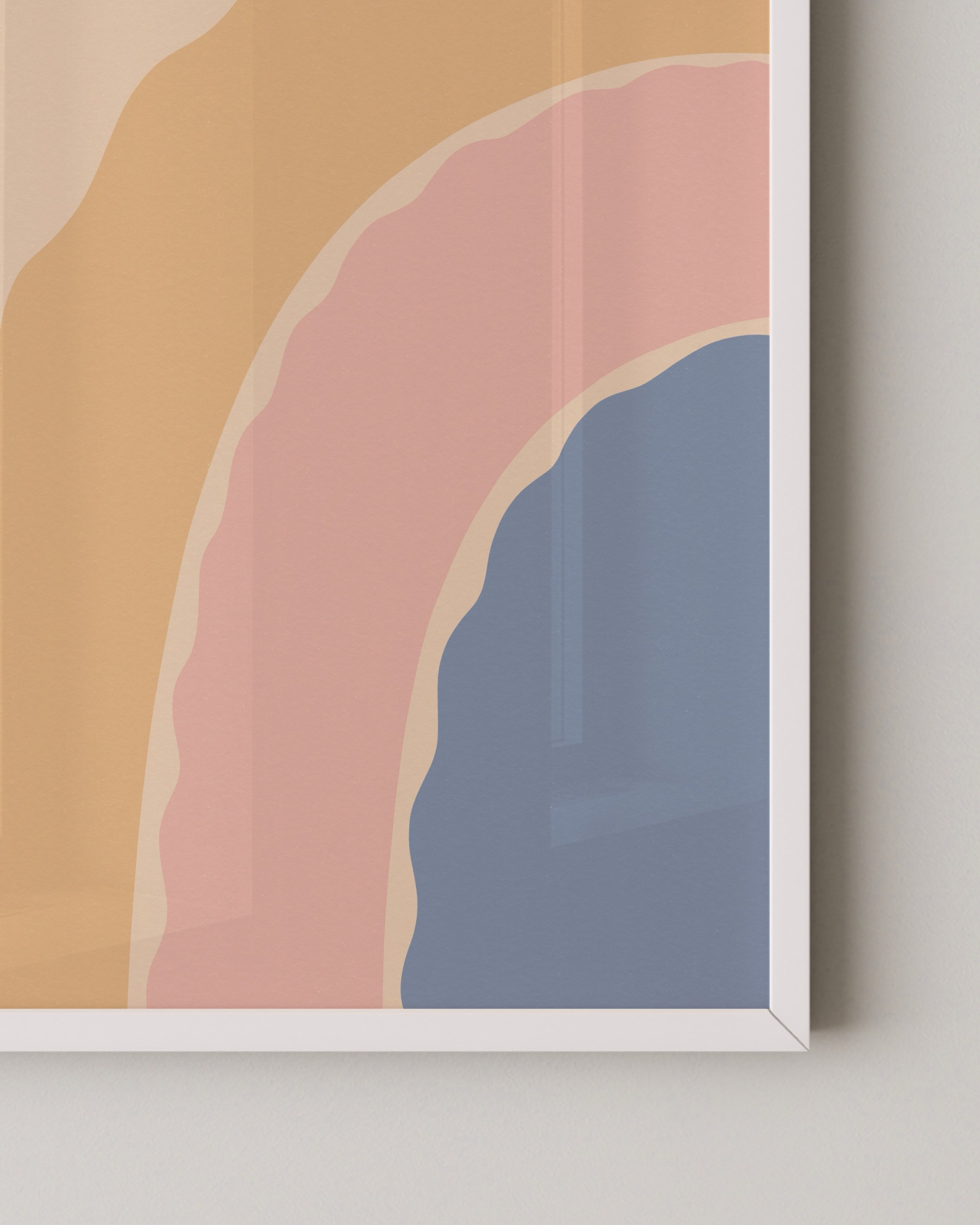 Abstract printable wall art featuring a wavy pastel rainbow in shades of peach, pink, and blue on a beige background.