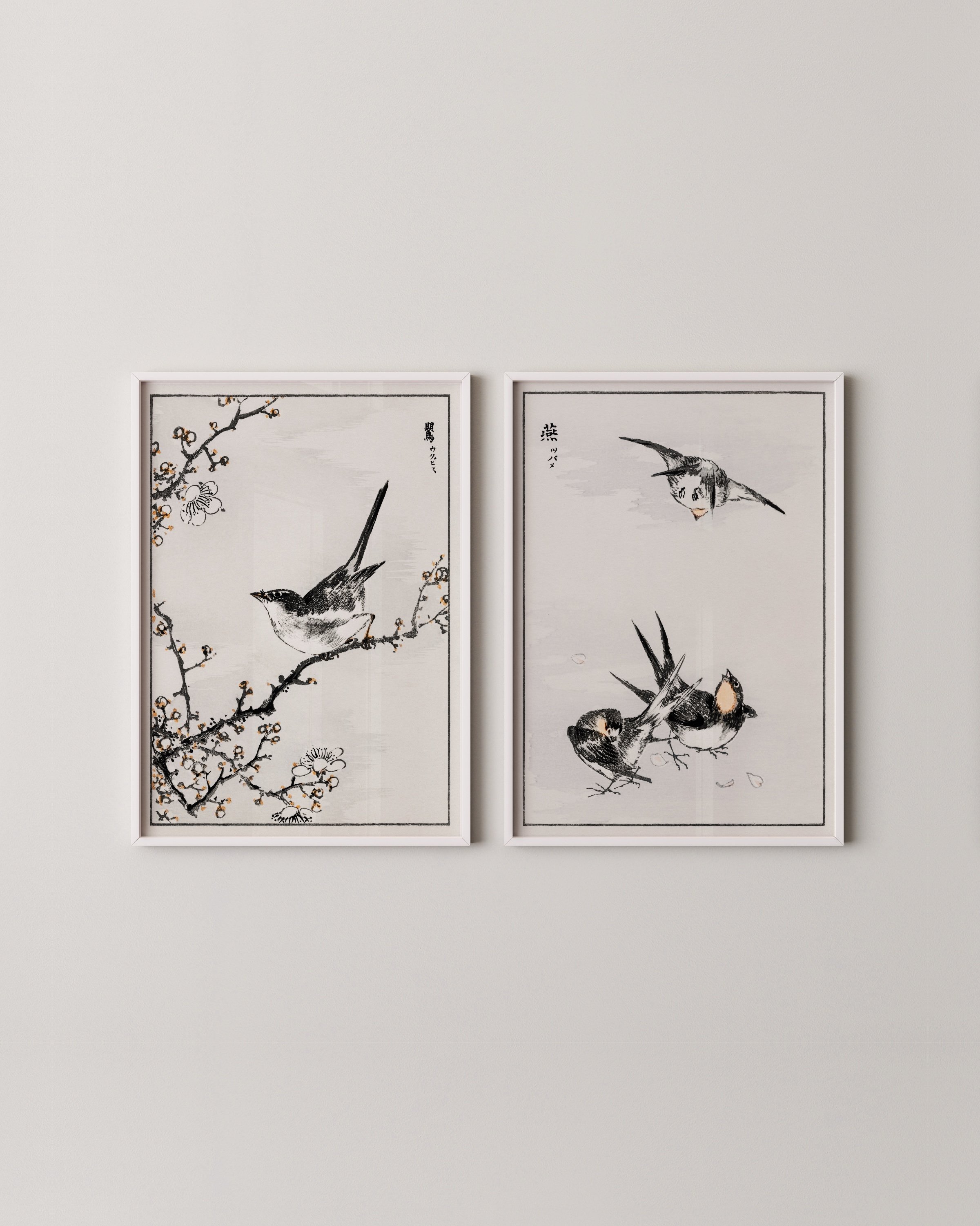 Set of two Japanese bird art prints featuring vintage-style illustrations of birds perched on branches, perfect for minimalist and nature-inspired home decor.