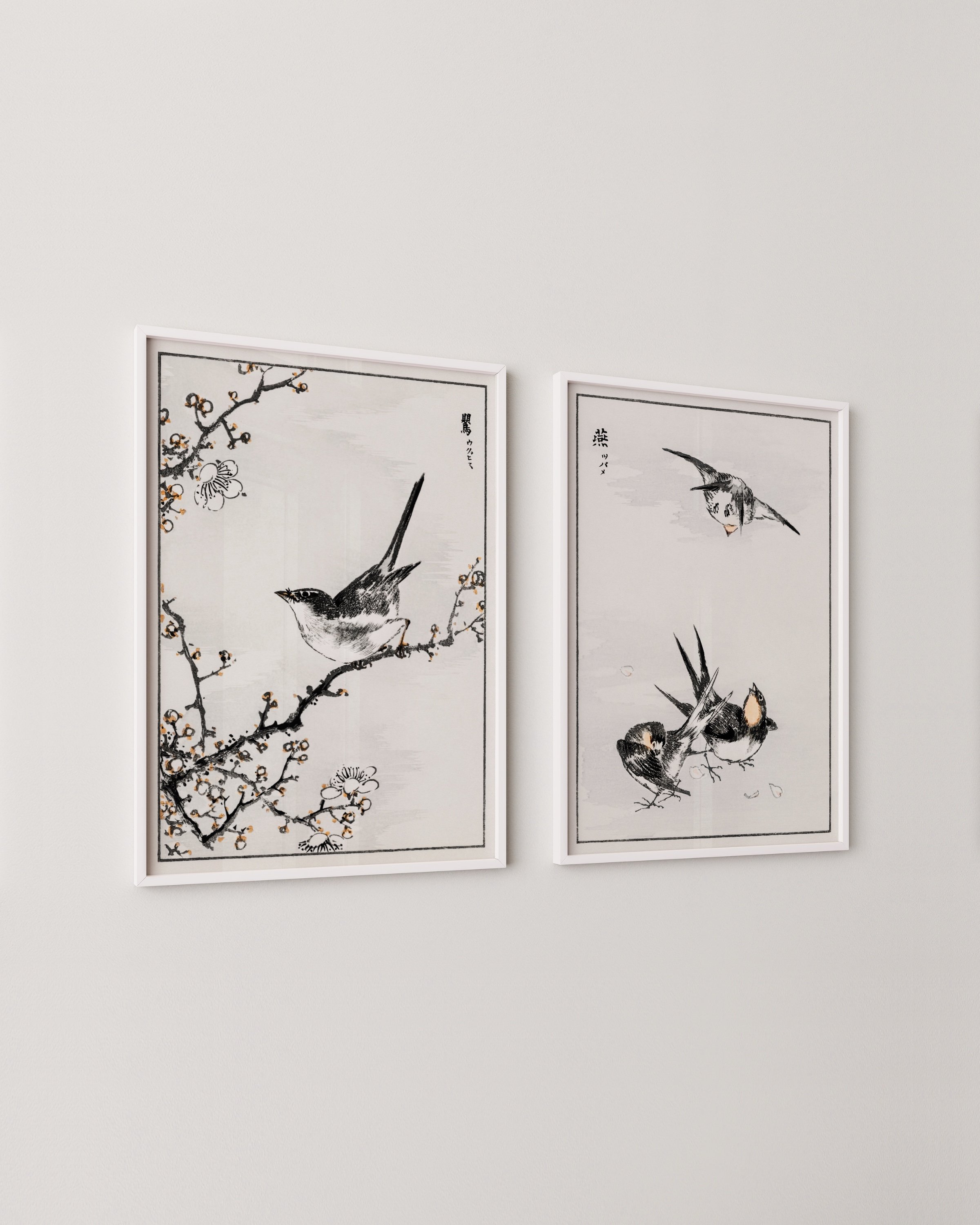 Set of two Japanese bird art prints featuring vintage-style illustrations of birds perched on branches, perfect for minimalist and nature-inspired home decor.