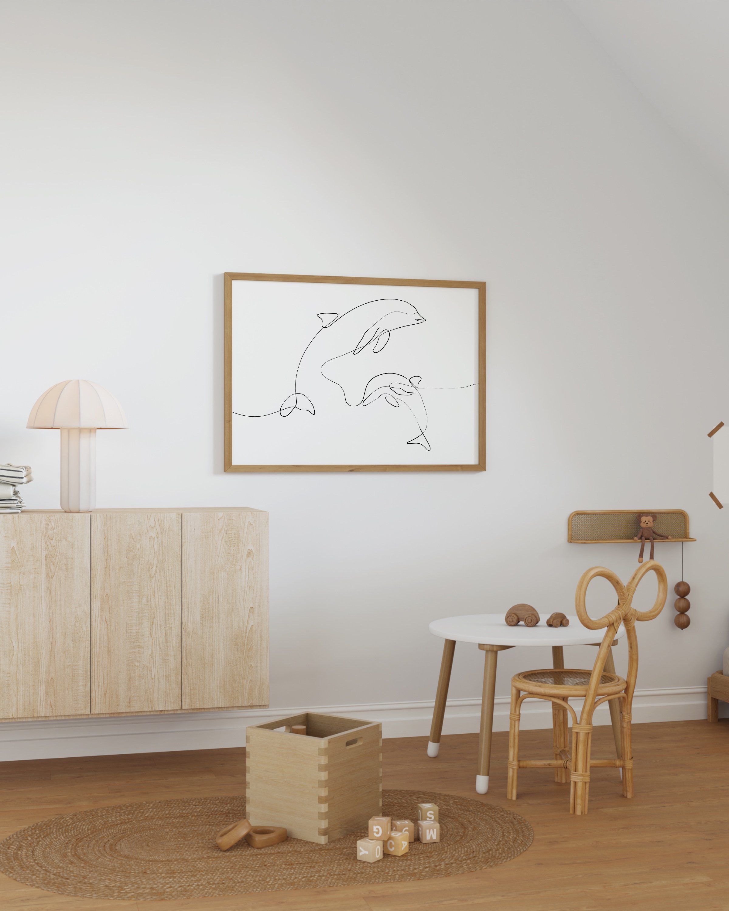 Minimalist line art print featuring dolphins swimming, created in a continuous line style for an elegant marine decor addition.