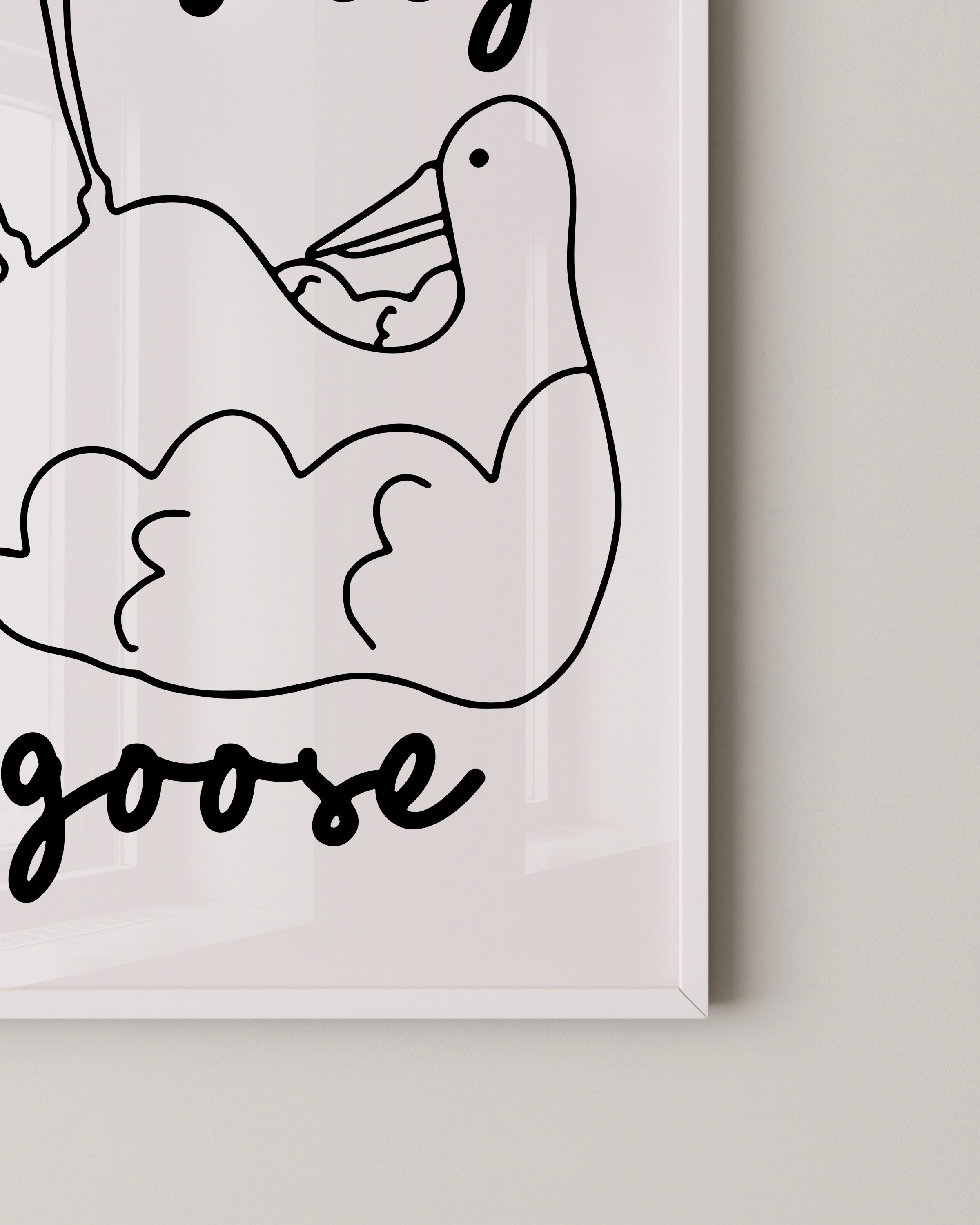 Black and white minimalist art print featuring a hand-drawn goose laying on its back with the words ‘silly goose’ in playful script above and below.