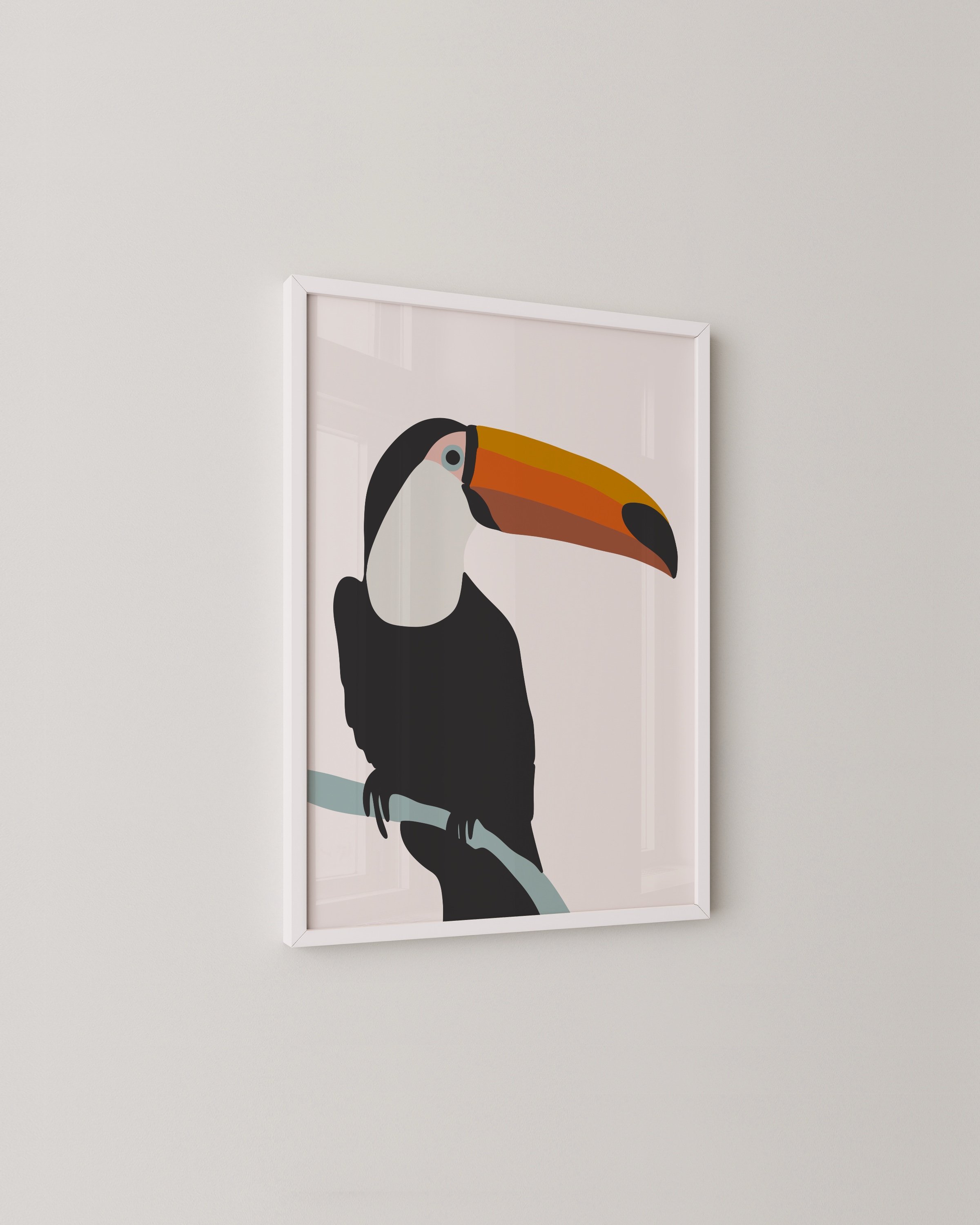 Playful illustration of a toucan with a bright orange and yellow beak, sitting on a branch against a soft background, perfect for kids’ decor.