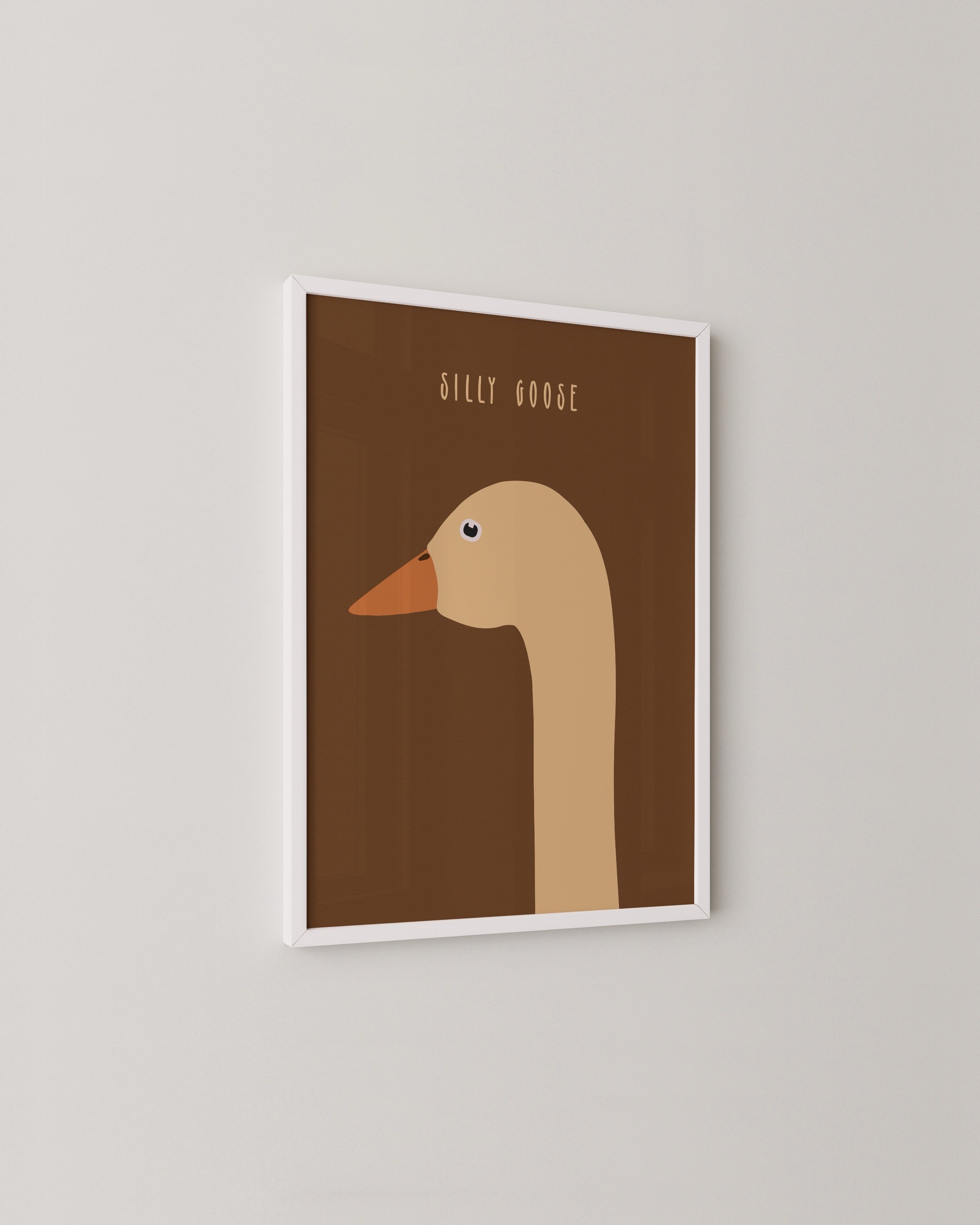 Minimalist art print of a goose with an orange beak and the text “Silly Goose” in a warm brown background, designed for kids’ rooms or playful spaces.