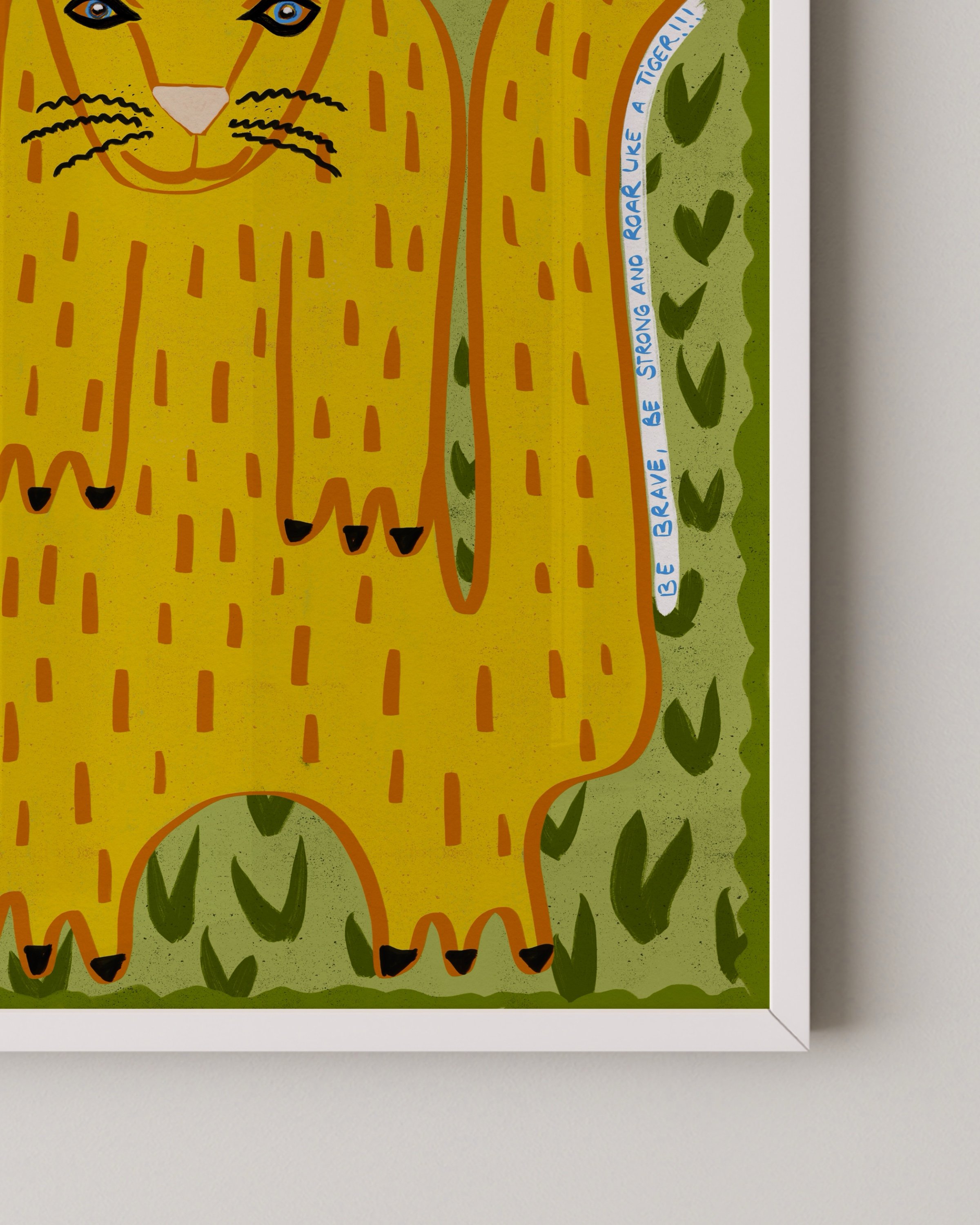tiger-inspired cat illustration in bold yellow and green tones with whimsical patterns and playful details.