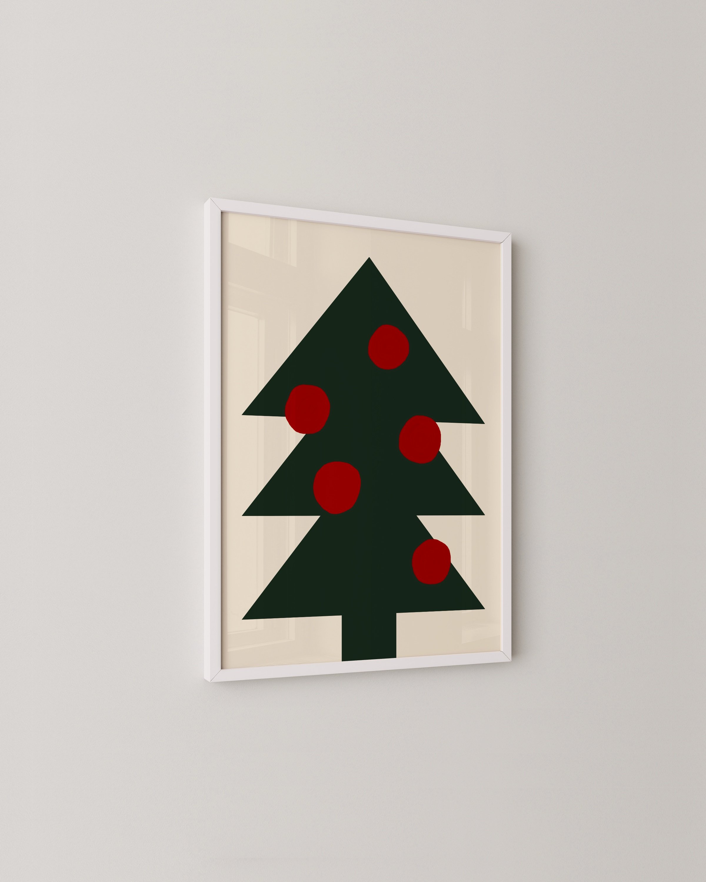 Minimalist Christmas tree art print with a dark green tree and red circle ornaments on a neutral background, designed for modern holiday decor.