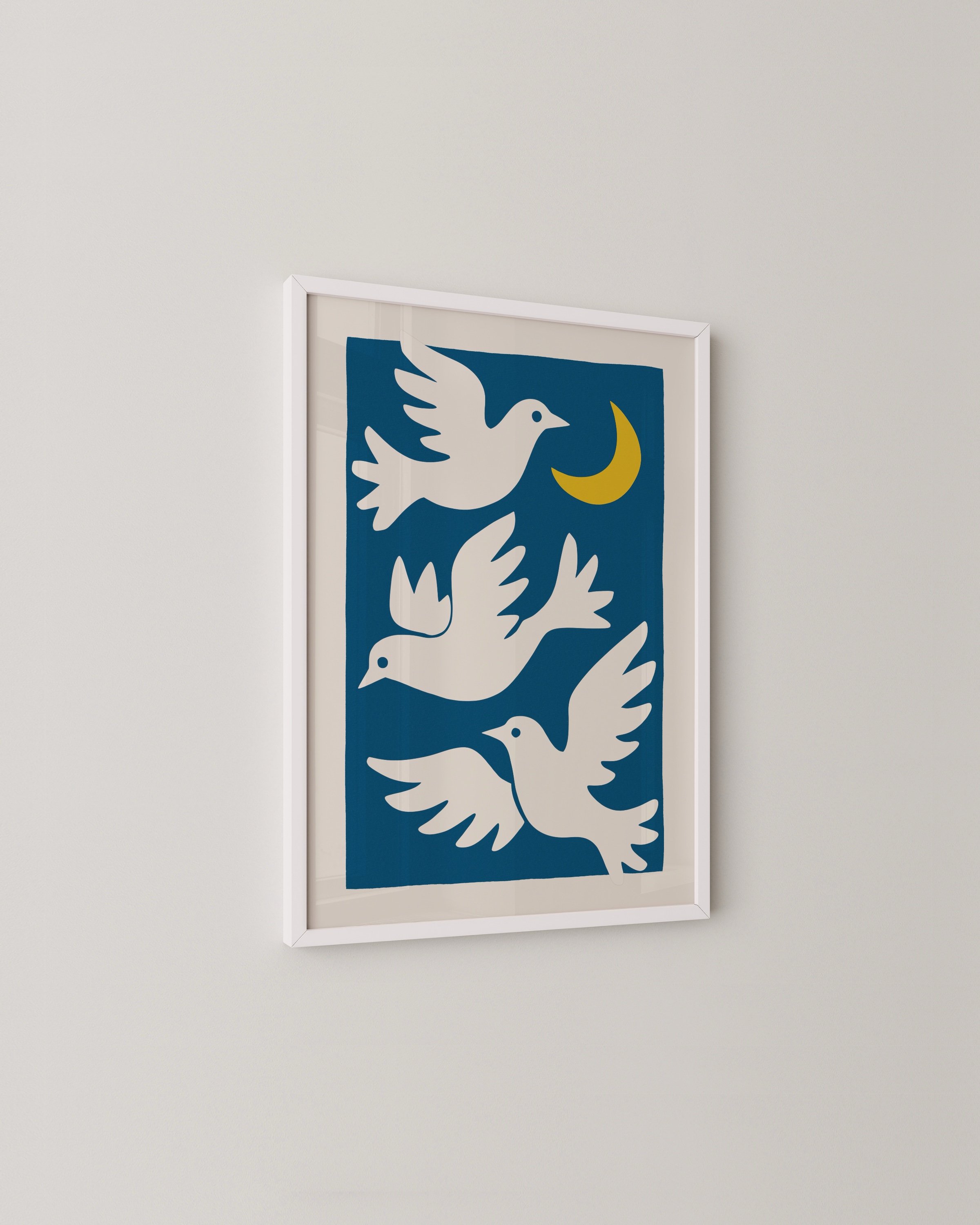 featuring three white doves flying around a yellow crescent moon on a bold blue background.