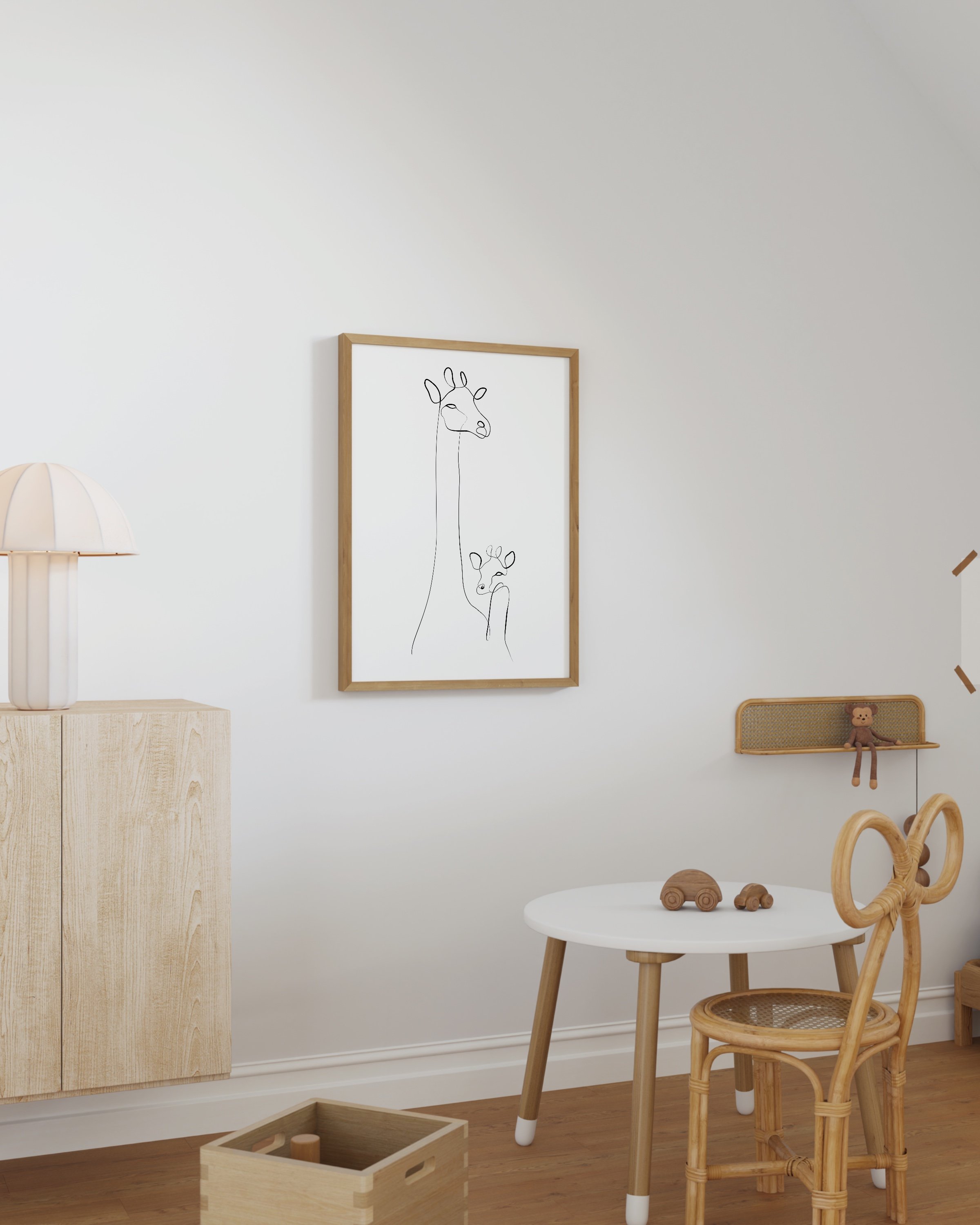 Minimalist line art illustration of a parent and baby giraffe, drawn with a continuous line on a white background.