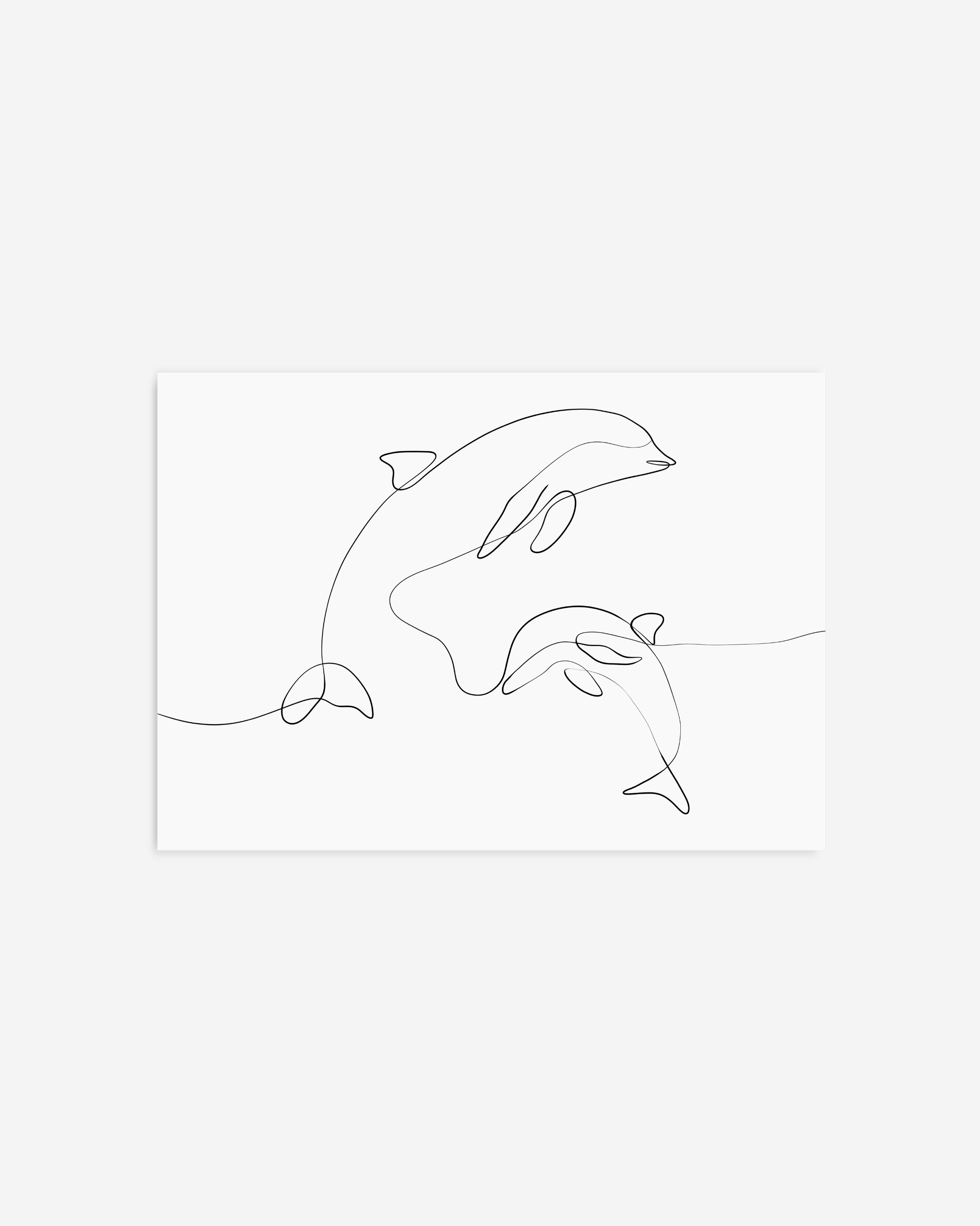 Minimalist line art print featuring dolphins swimming, created in a continuous line style for an elegant marine decor addition.