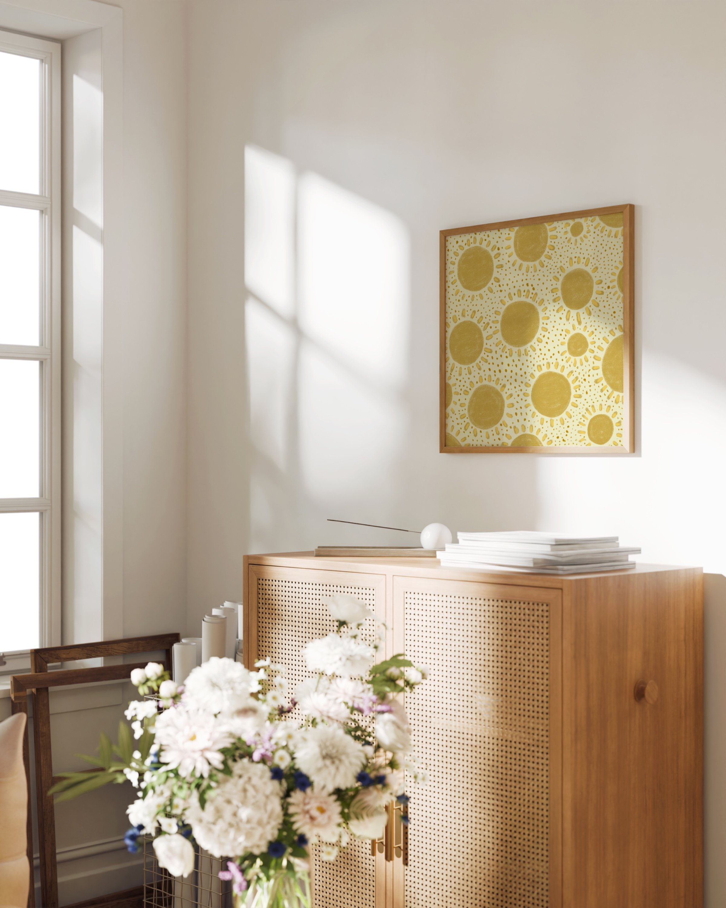 Yellow sunshine pattern print with repeating sunburst design, ideal for kids’ room decor.