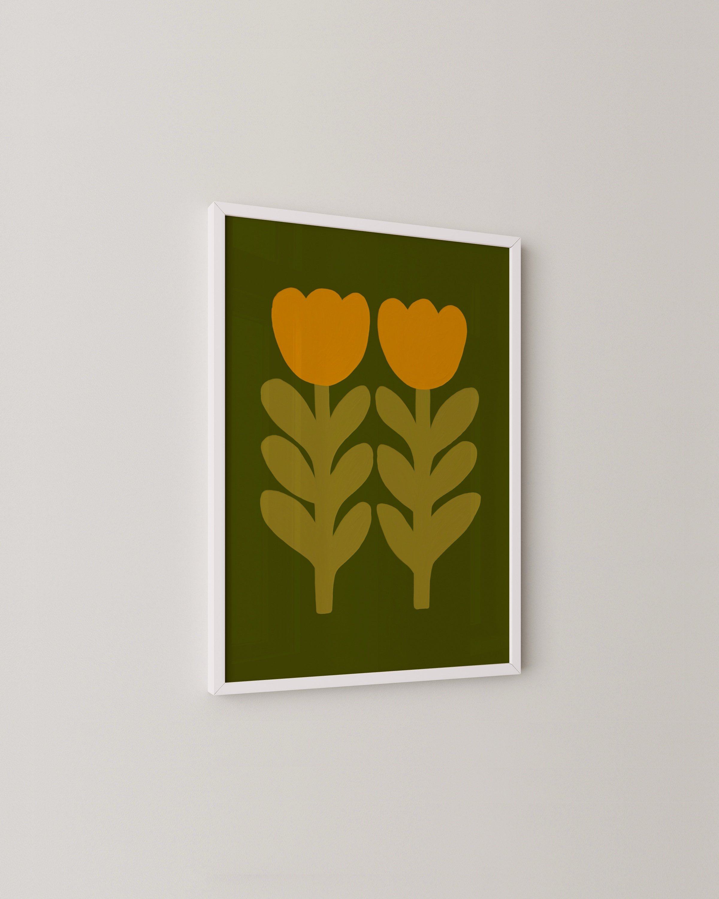 Print of two stylized mustard yellow tulips with leafy stems on an olive green background.