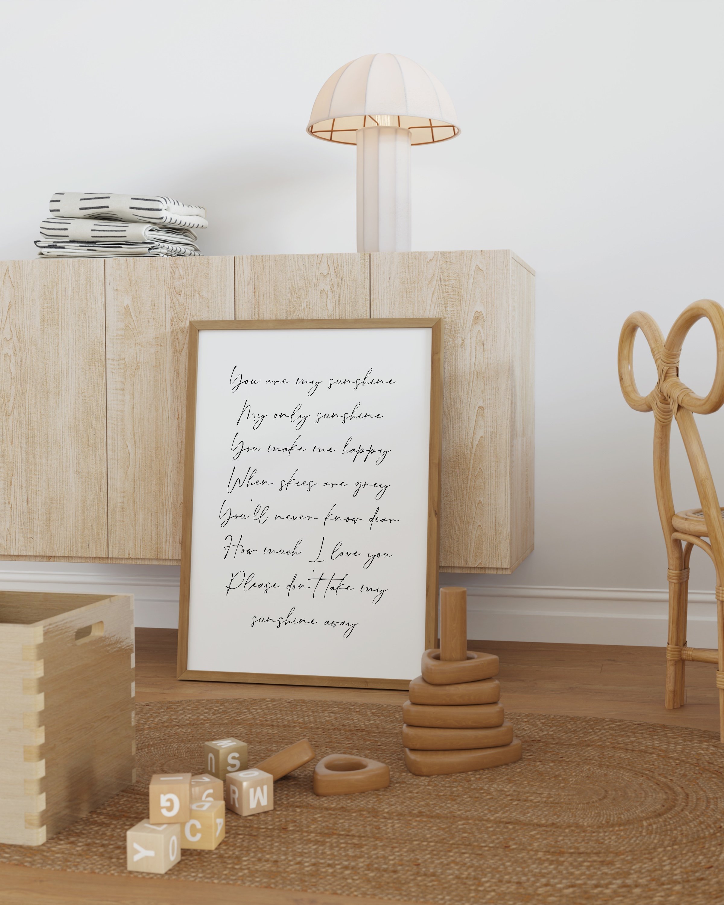 You Are My Sunshine” quote in elegant handwritten script, minimalist design, perfect for kids’ room or nursery decor.