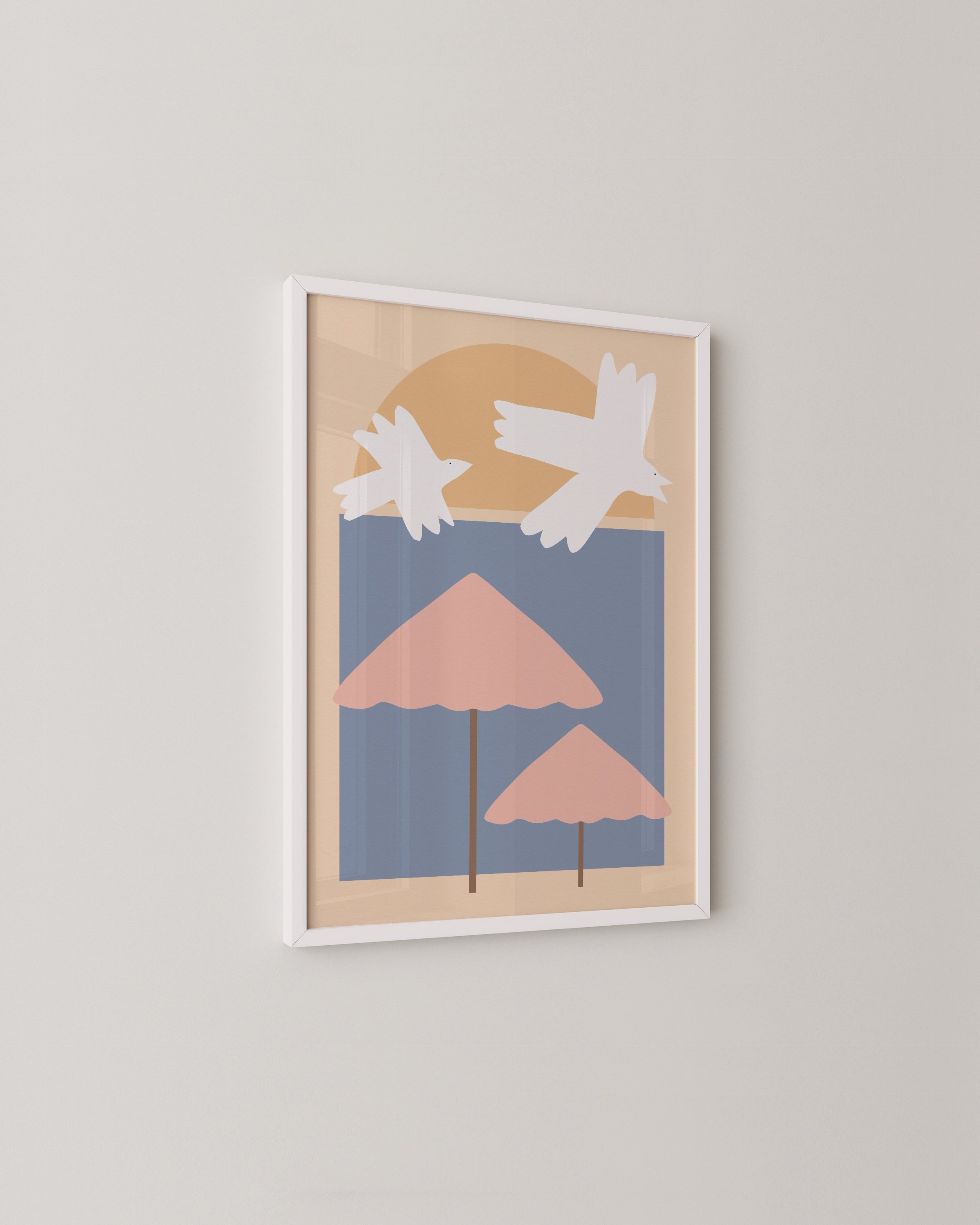 Printable wall art featuring a minimalist illustration of pink beach umbrellas and white seagulls against a soft blue and peach background.