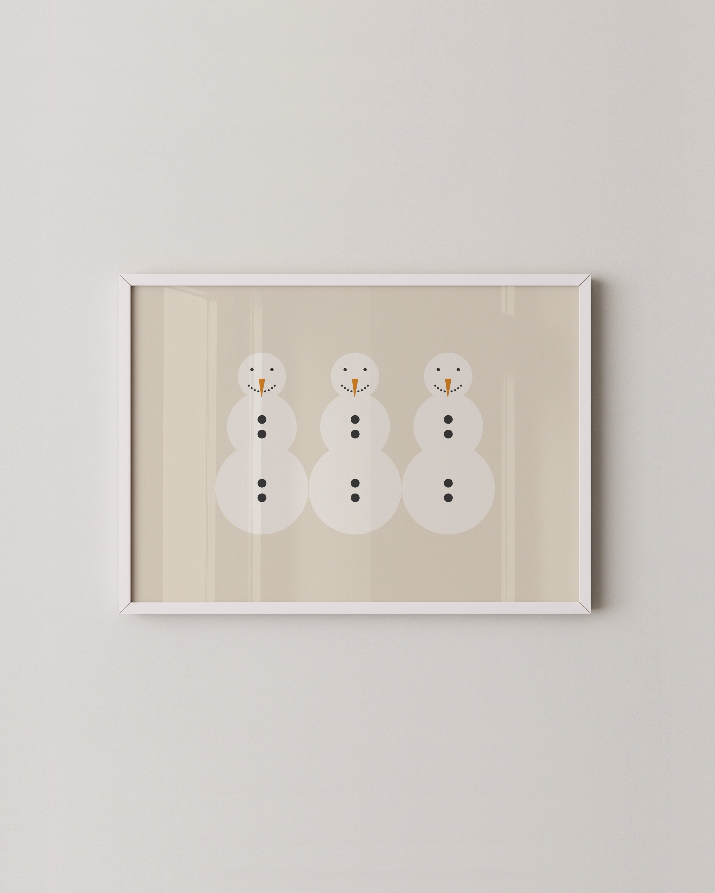 Minimalist snowman art print featuring three snowmen with carrot noses and button details on a beige background.