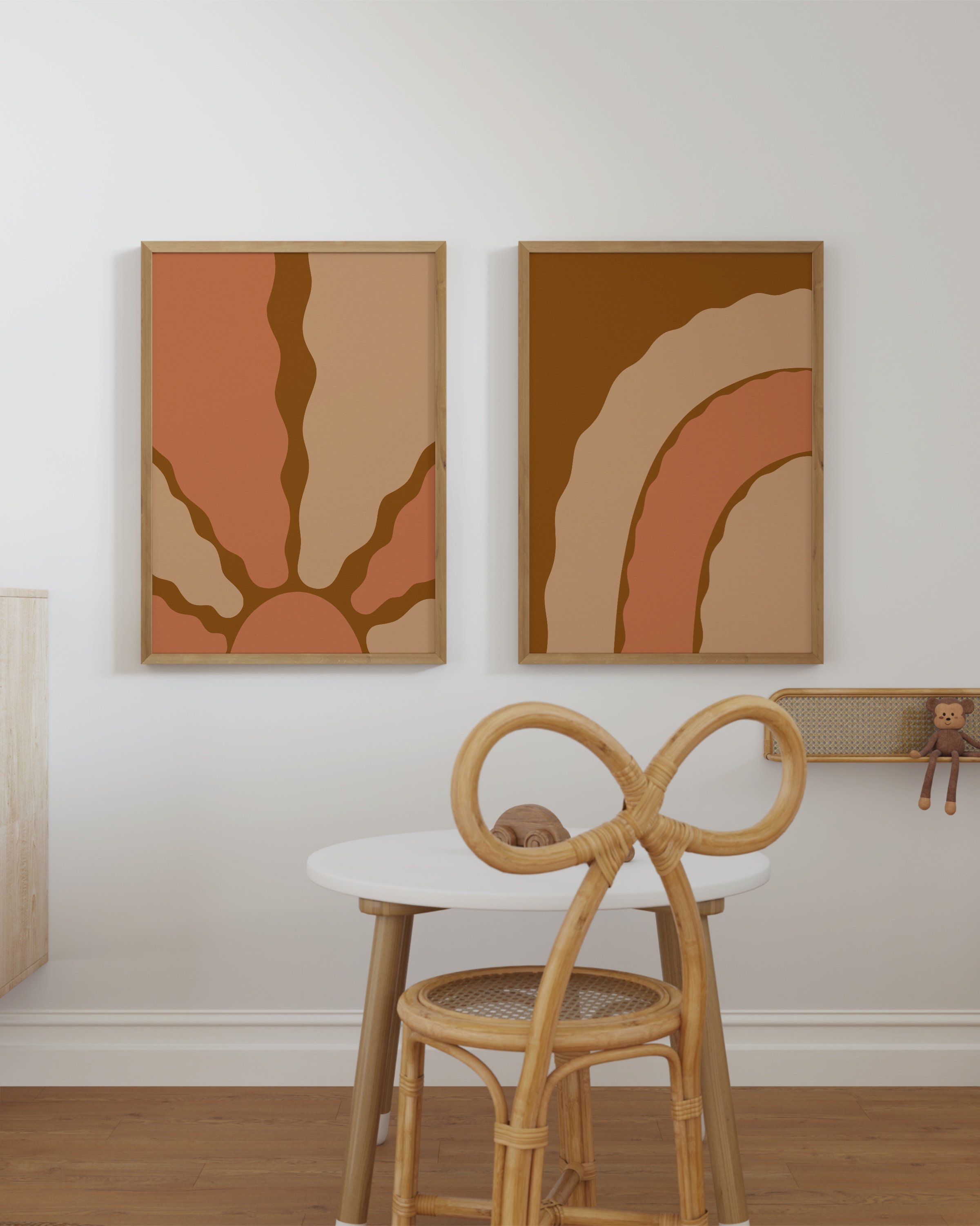 Earthy wall art set with abstract sun and rainbow in warm, neutral tones, creating a cozy boho decor style.