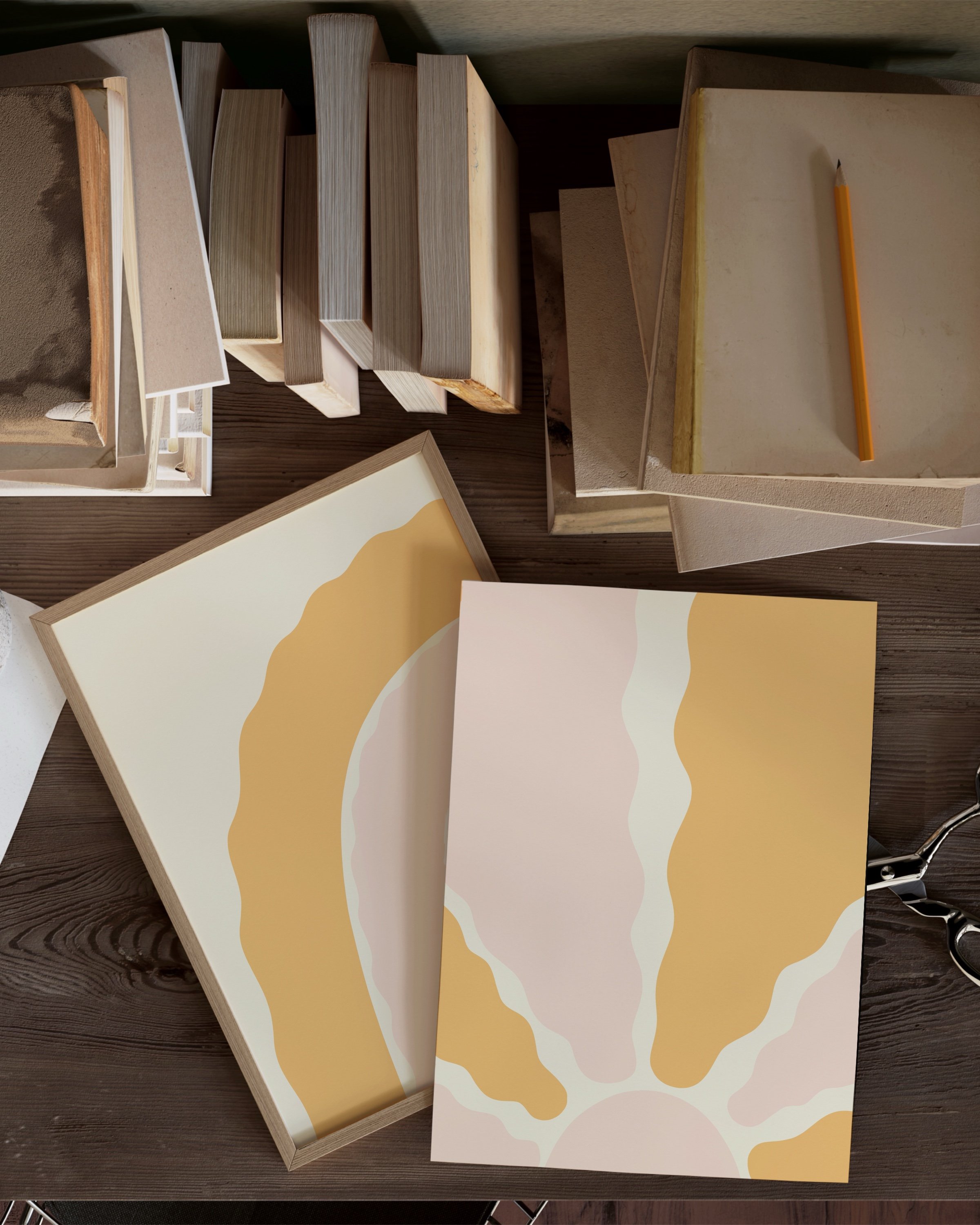 Two-piece art set featuring abstract sunshine and rainbow designs in warm yellow and blush tones, perfect for boho and minimalist decor.