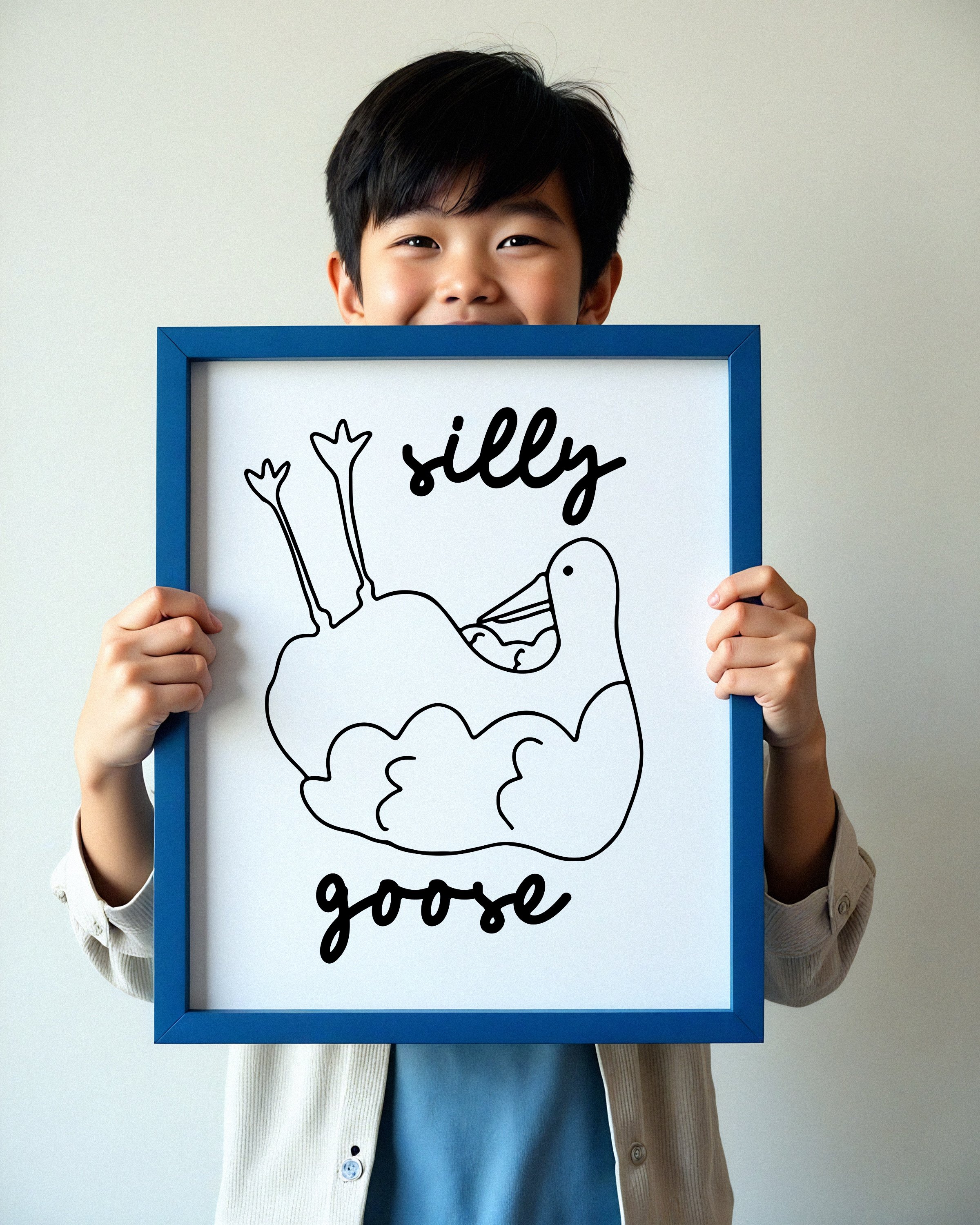 Black and white minimalist art print featuring a hand-drawn goose laying on its back with the words ‘silly goose’ in playful script above and below.
