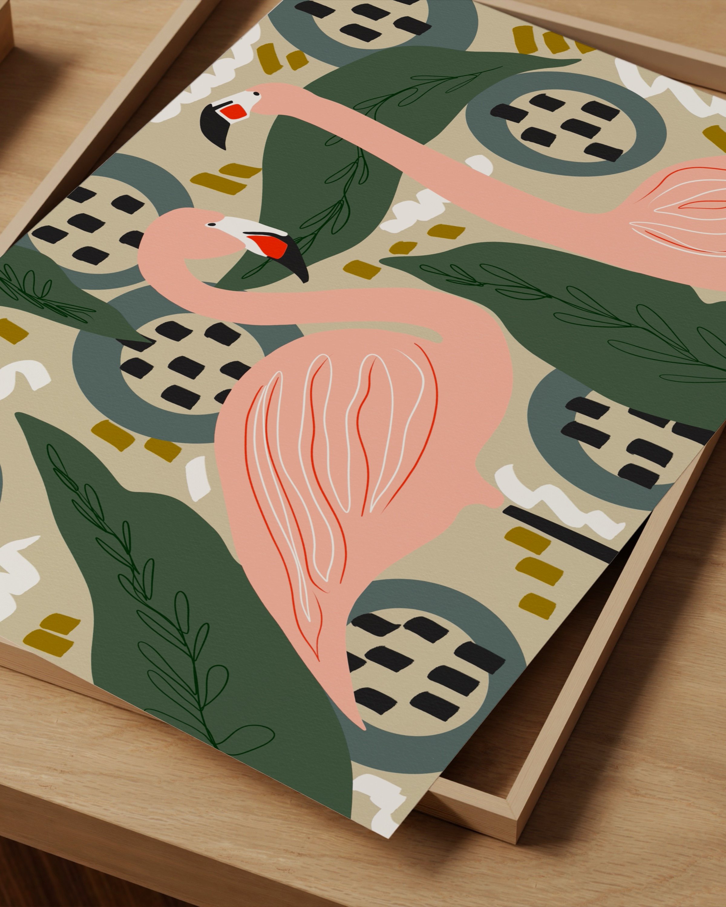 Playful flamingo art print featuring two pink flamingos surrounded by jungle foliage and abstract patterns in a vibrant, tropical palette.