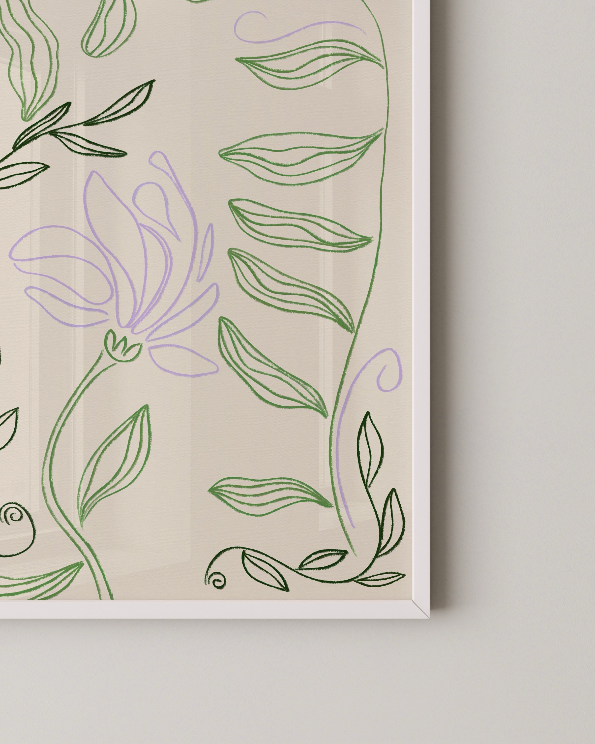 Minimalist botanical line drawing with green leafy vines and a delicate lilac flower on a beige background in a white frame.