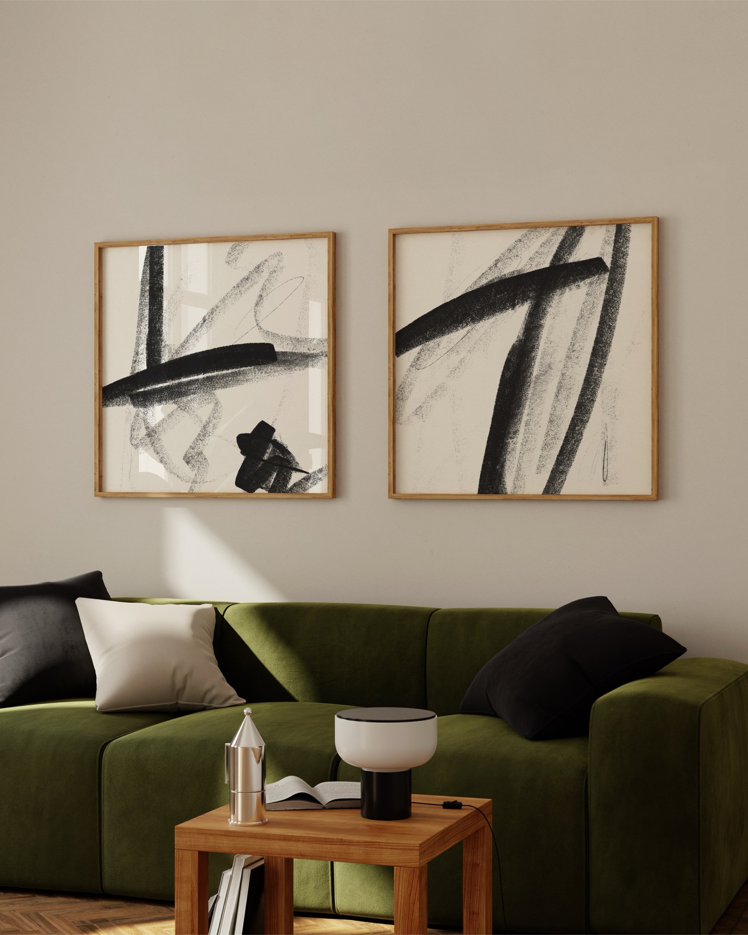 Set of two black and beige abstract brushstroke prints for modern minimalist decor.